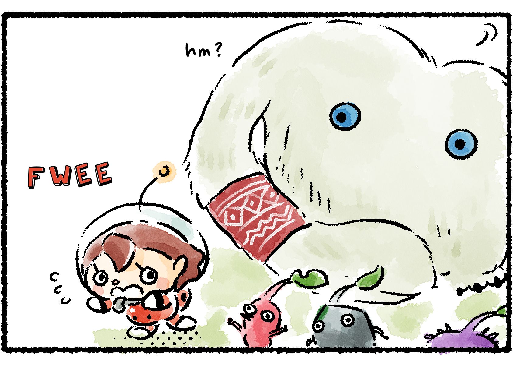 Panel two. The Rescue Officer is trying to lead the Rock Pikmin, as well as a Red and Purple Pikmin, away from the Mamuta. "We don't want you to get planted," she says. "Follow me!" As they run, the Mamuta notices them and turns around.