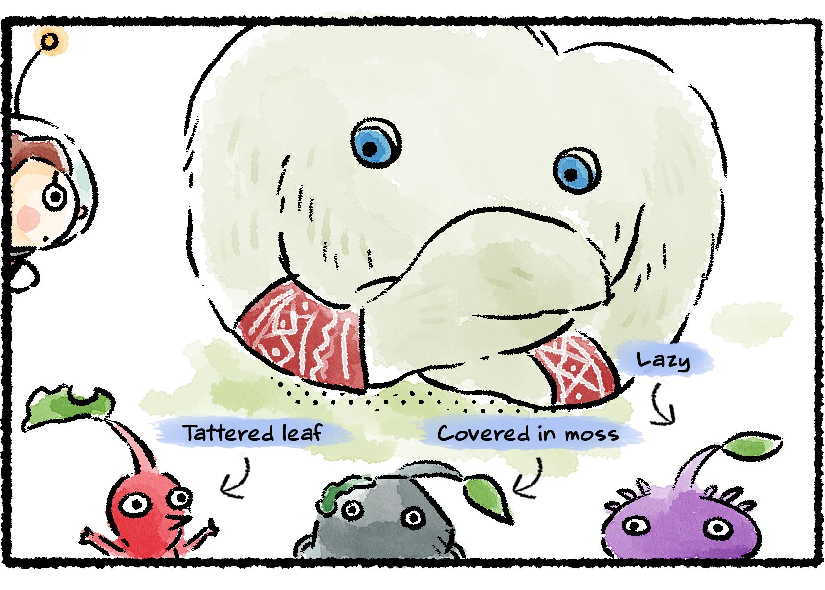 Panel three. The Rescue Officer stares as the Mamuta thoughtfully evaluates the Pikmin. Arrows point to the each of them, showing their flaws: the Red Pikmin has a tattered leaf, the Rock Pikmin is covered in moss, and the Purple Pikmin is lazy.