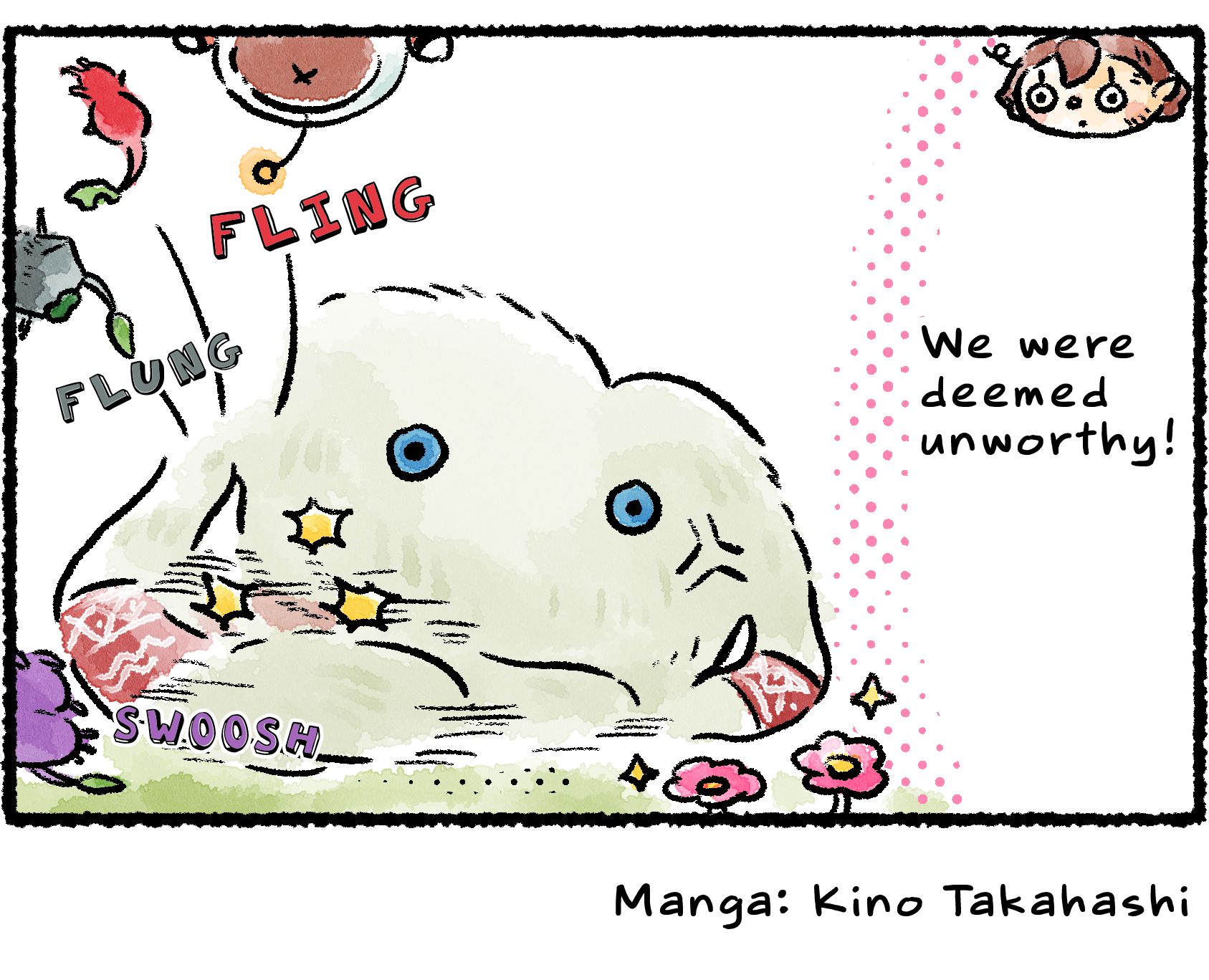 Panel four. The Rescue Officer and all the Pikmin are sent flying through the air as the Mamuta begins flinging them around. The Rescue Officer cries out, "We were deemed unworthy!"