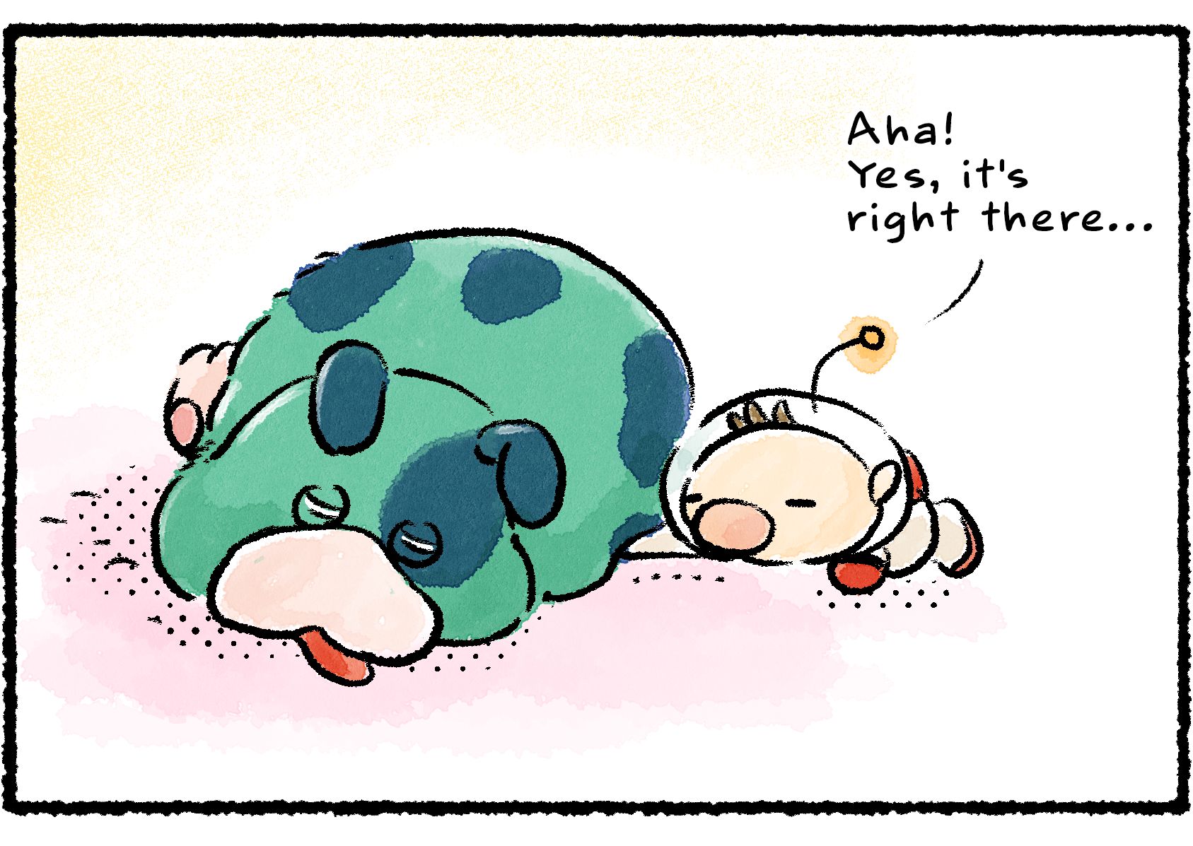 Panel two. Olimar gets down on the ground and begins reaching under Moss. "Aha!" he says. "Yes, it's right there..."