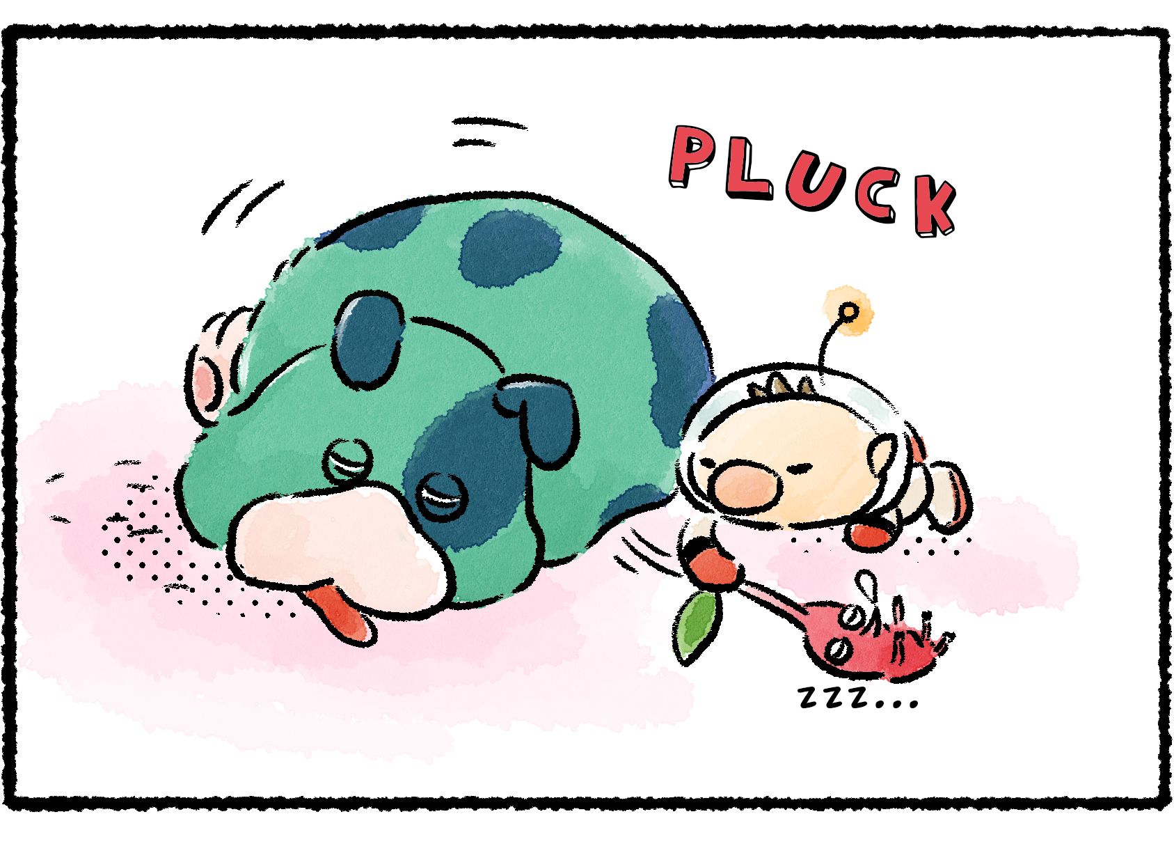 Panel three. Instead of his tablet, Olimar pulls out sleeping Red Pikmin. 