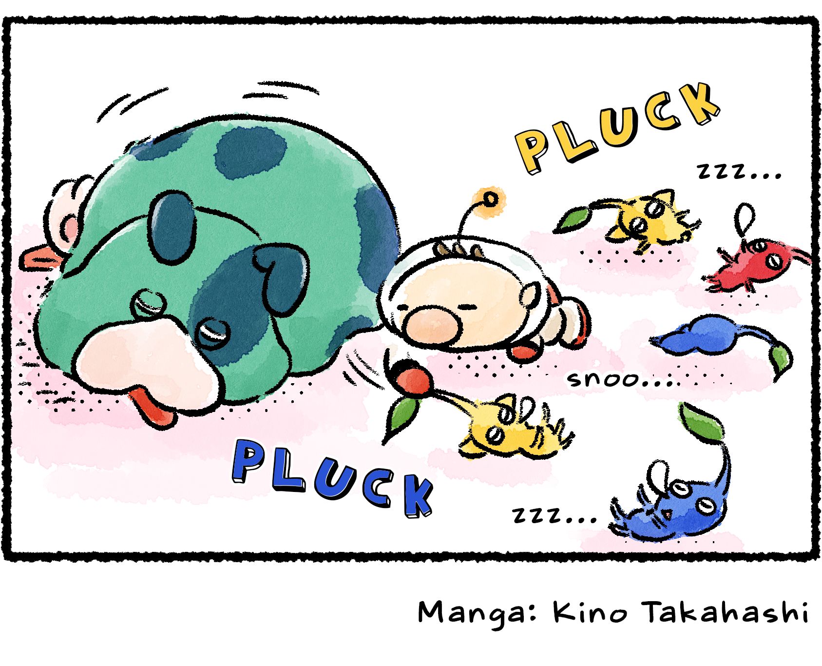 Panel four. Olimar has now pulled five sleeping Pikmin out from under Moss. He still hasn't found the tablet.