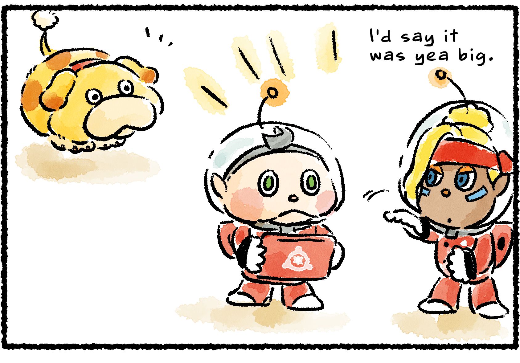 Panel one. Oatchi looks on as Collin and Shepherd are talking. "I'd say it was yea big," Shepherd says, holding up her hand to about shoulder height.