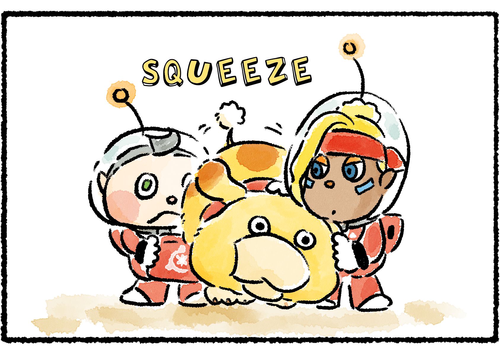 Panel two. Oatchi rushes forward, squeezing himself between them, to scoot his head under Shepherd's hand for a pet.