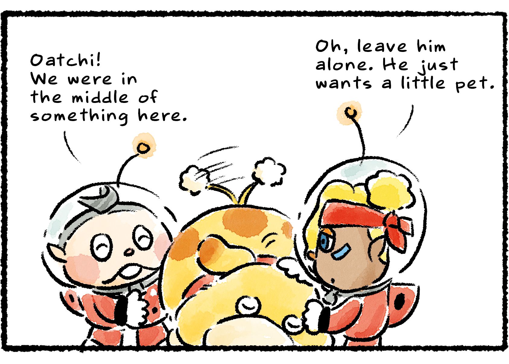 Panel three. "Oatchi!" Collin says. "We were in the middle of something here." Oatchi wags his tail happily as he snuggles up to Shepherd. "Oh, leave him alone," Shepherd says. "He just wants a little pet."