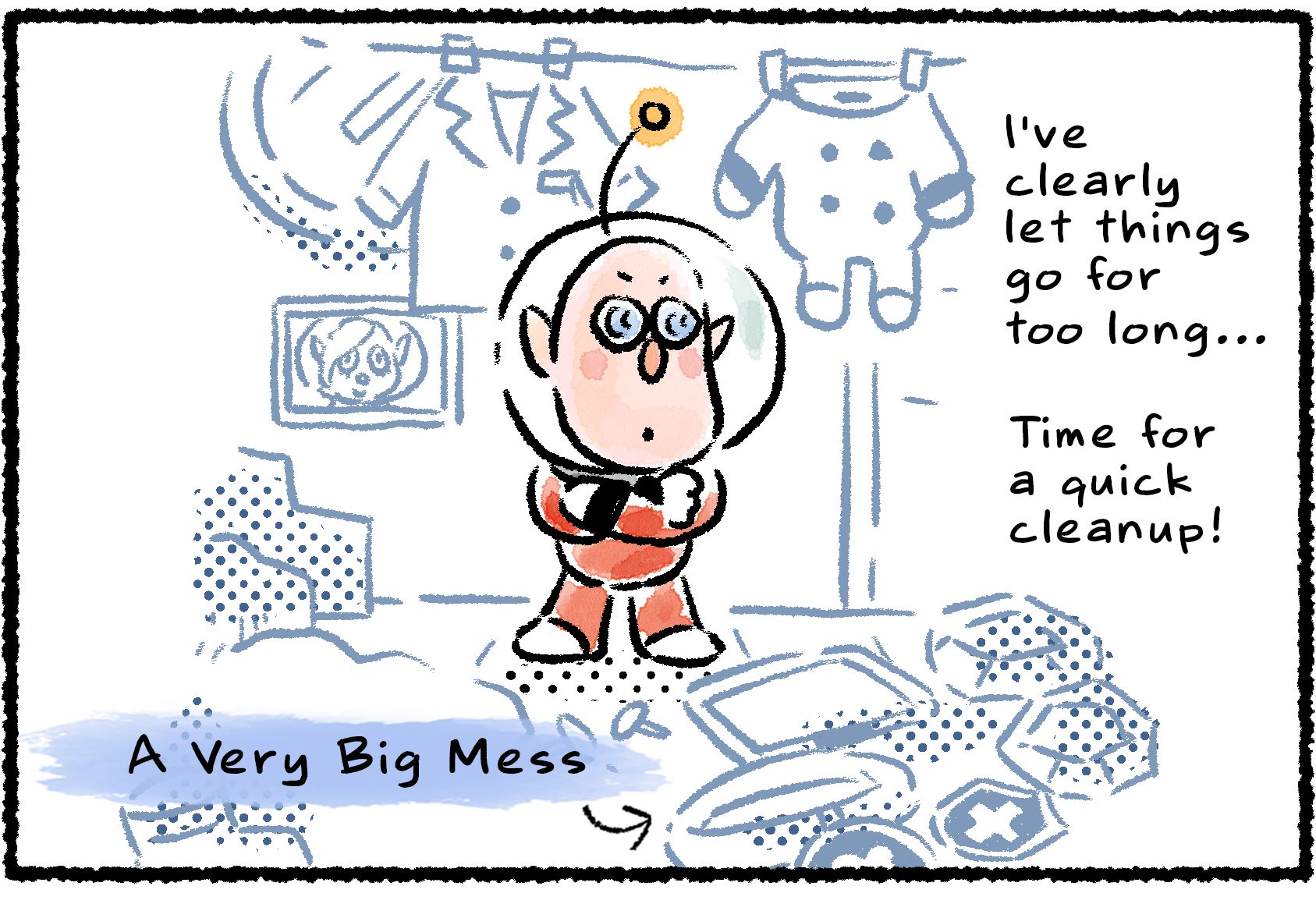 Panel one. Russ's lab is a mess. "I've been so hard at work," he says, "I've clearly let things go for too long. Time for a quick cleanup!"