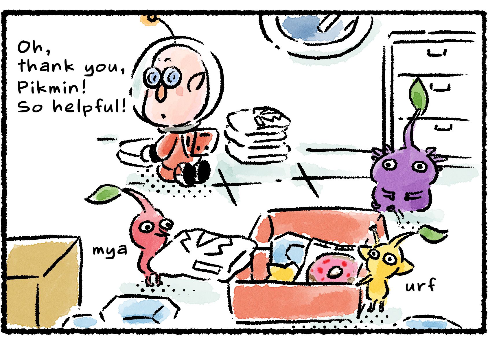 Panel two. As Russ begins to clean, several Pikmin appear and begin picking up his things. "Oh, thank you, Pikmin!" Russ says. "So helpful!"