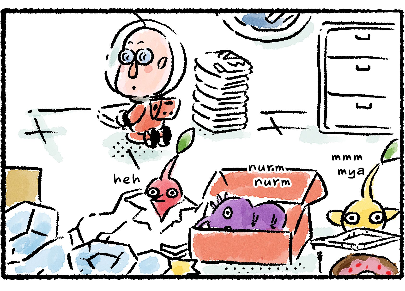 Panel three. As a Purple Pikmin jumps into a box to take a nap, and a Red Pikmin unfolds a shirt to crawl into it, Russ realizes that the Pikmin were not trying to help. As usual, they just like messing with his stuff.