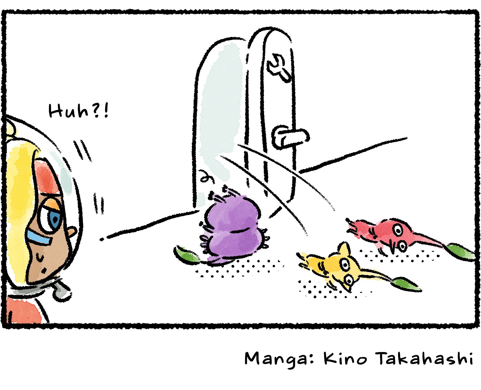 Panel four. Outside, Shepherd says "Huh?!" as she sees the Pikmin come flying out of the lab.