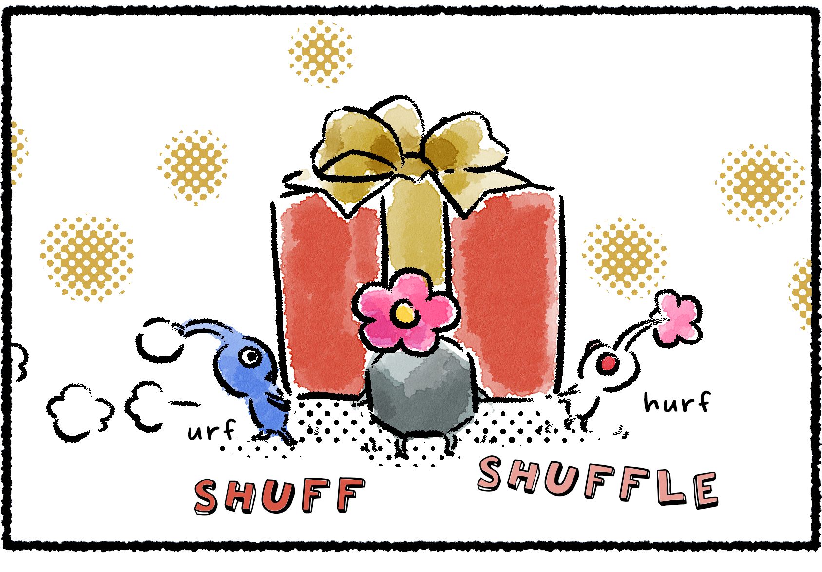 Panel one. A Rock Pikmin, a Blue Pikmin, and a White Pikmin are carrying a large red gift box tied with a gold bow.
