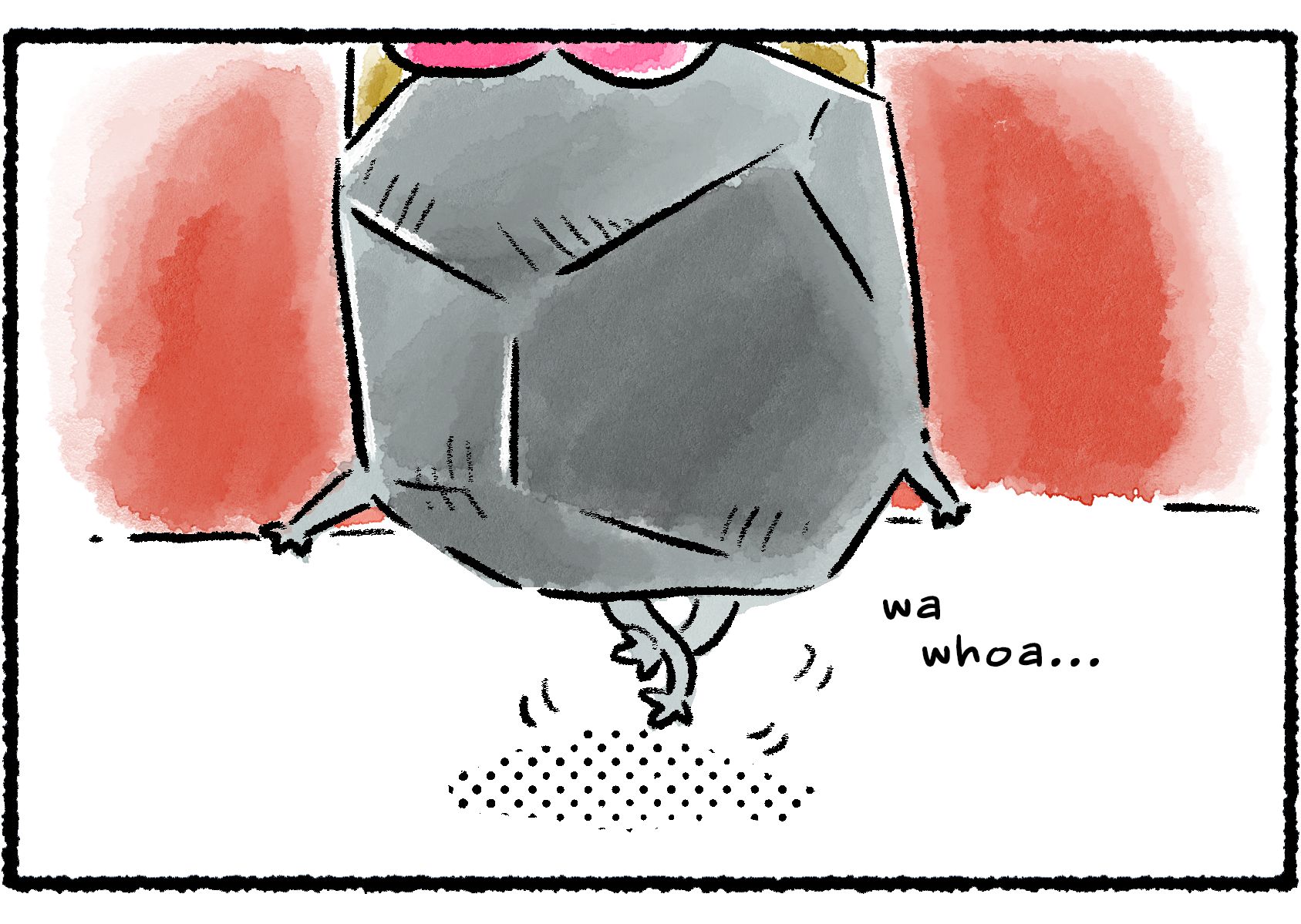 Panel two. The Rock Pikmin's little legs wobbly unsteadily as it struggles to keep holding up the box.