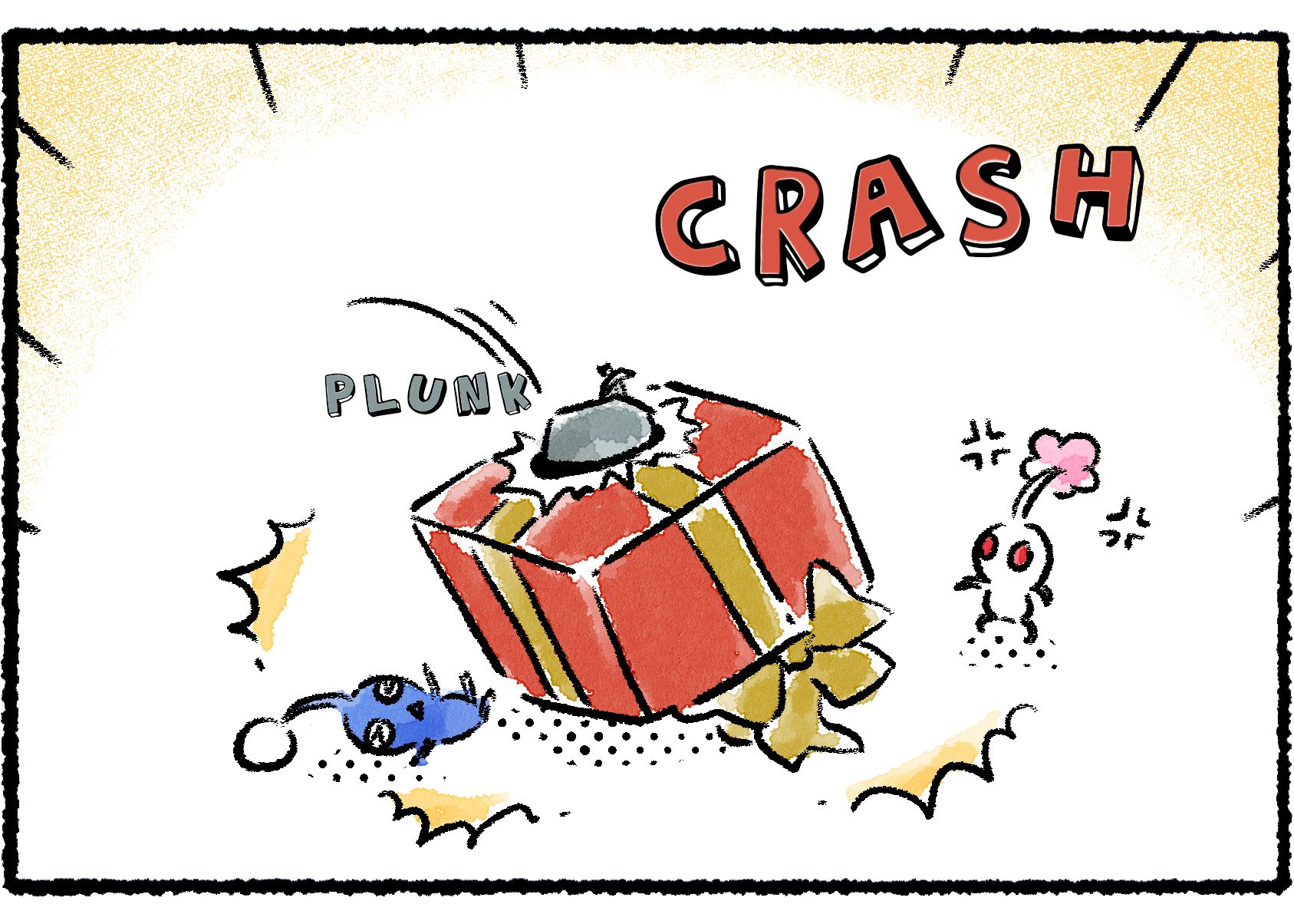 Panel three. The Pikmin lose hold of the box. As it crashes down, the Rock Pikmin ends up slamming into the box, its head punching through the bottom. 