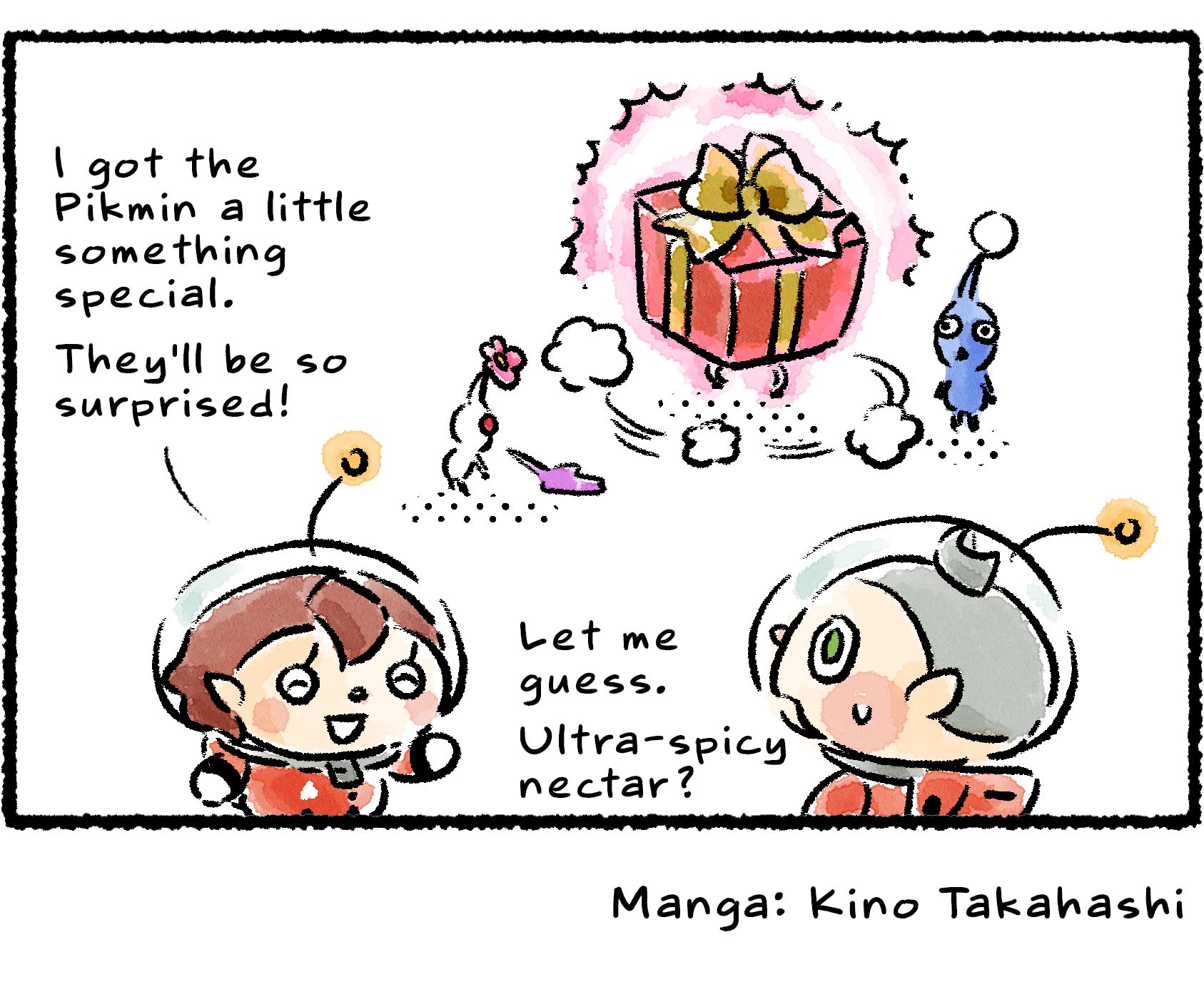 Panel four. "I got the Pikmin a little something special," a Rescue Officer says to Collin. "They'll be so surprised!" Looking past her and seeing the gift box running around wildly, Collin says, "Let me guess. Is it ultra-spicy nectar?"