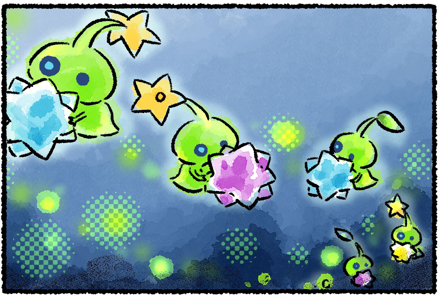 Panel one. Several Glow Pikmin are carrying glow pellets around.