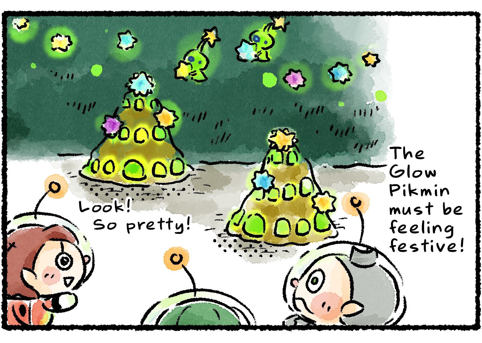 Panel two. The Glow Pikmin are arranging their glow pellets on to trees, making them resemble holiday decorations. "Look!" a Rescue Officer says. "So pretty!" Collin says, "The Glow Pikmin must be feeling festive!"