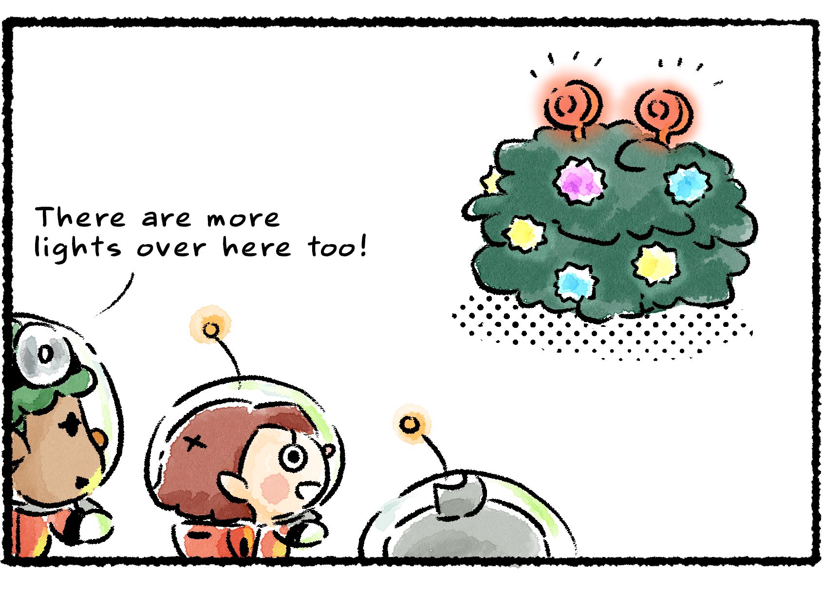 Panel three. A nearby shrub is also covered in glow pellets. "There are more lights over here too!" Yonny says. The shrub has two suspiciously eyestalk-like shapes sticking out of the top.