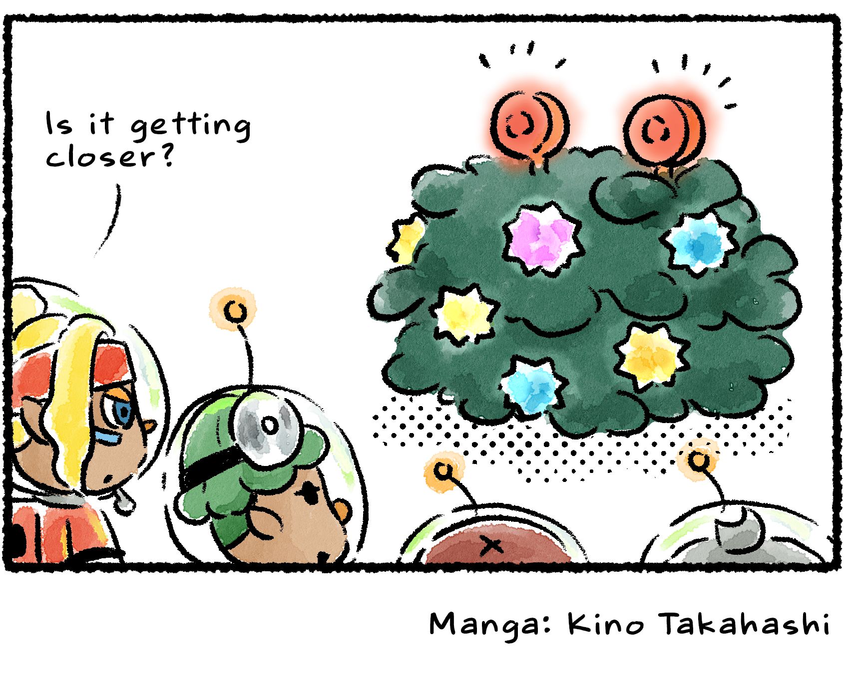 Panel four. Shepherd says, "Is that...getting closer?" The suspicious shrub is indeed suddenly much nearer than before.