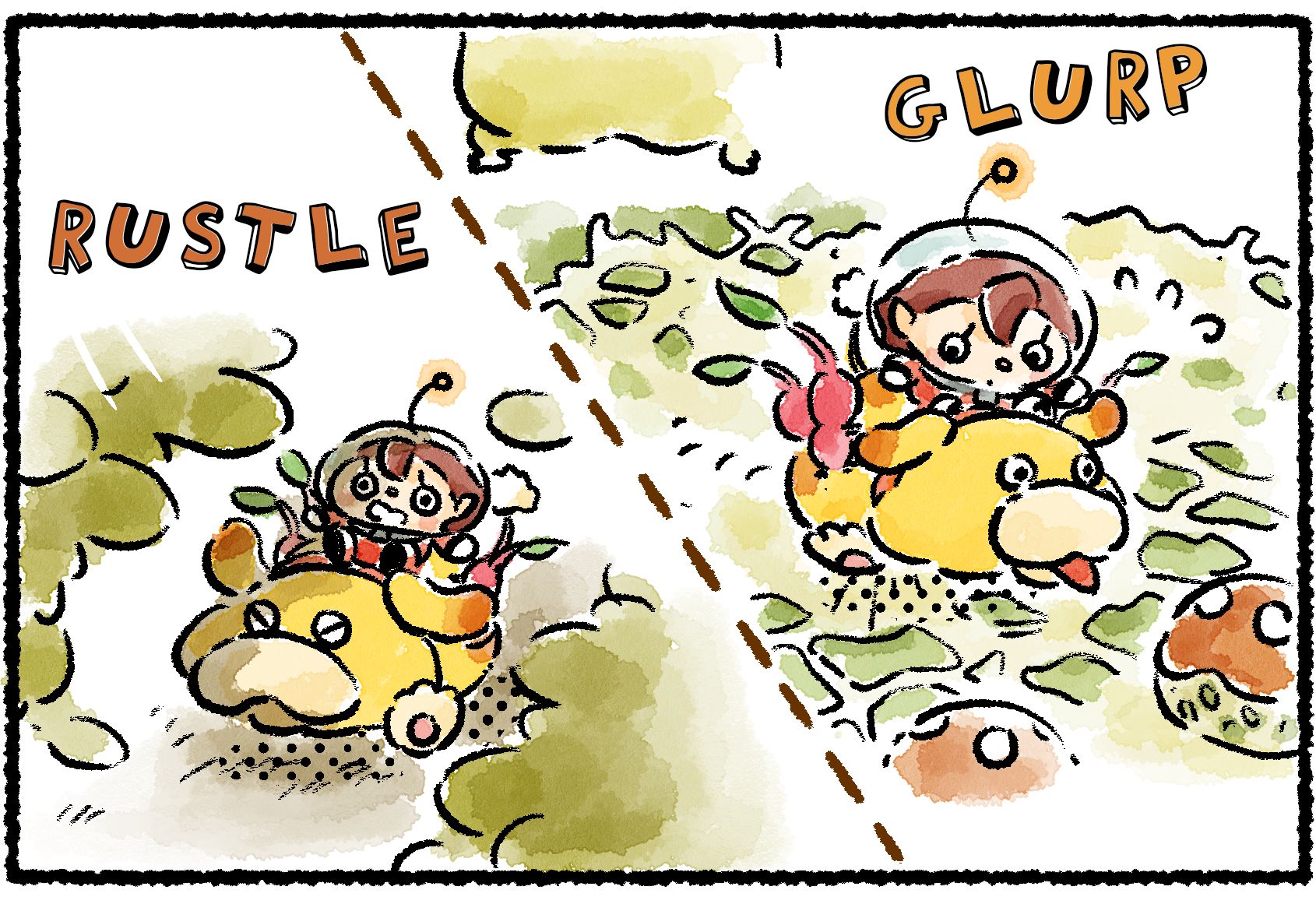 Panel one. Oatchi and a Rescue Officer are shown swimming through swampy water and running through muddy woods together.