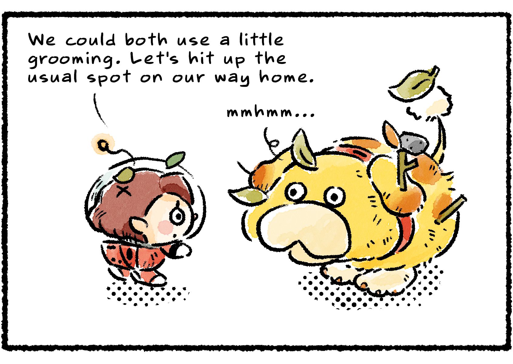 Panel two. Oatchi and the Rescue Officer are dirty and covered in leaves. "We could both use a little grooming," the Rescue Officer says. "Let's hit up the usual spot on our way home." Oatchi approves of the idea.