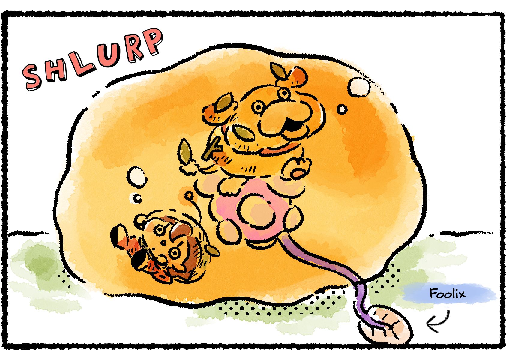 Panel three. Oatchi and the Rescue Officer are shown being engulfed by a Foolix.