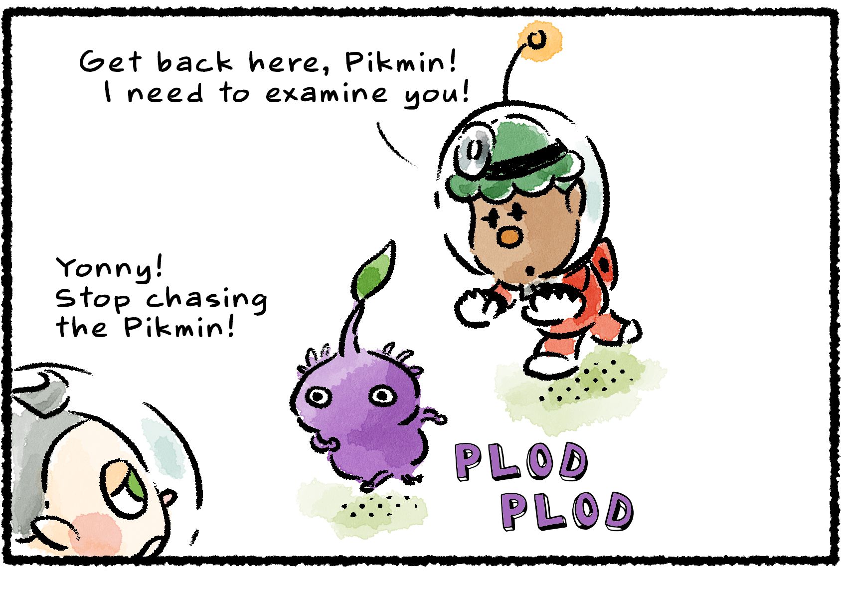 Panel one. Yonny is running after a Purple Pikmin and saying, "Get back here, Pikmin! I need to examine you!" Collin says, "Yonny! Stop chasing the Pikmin!"