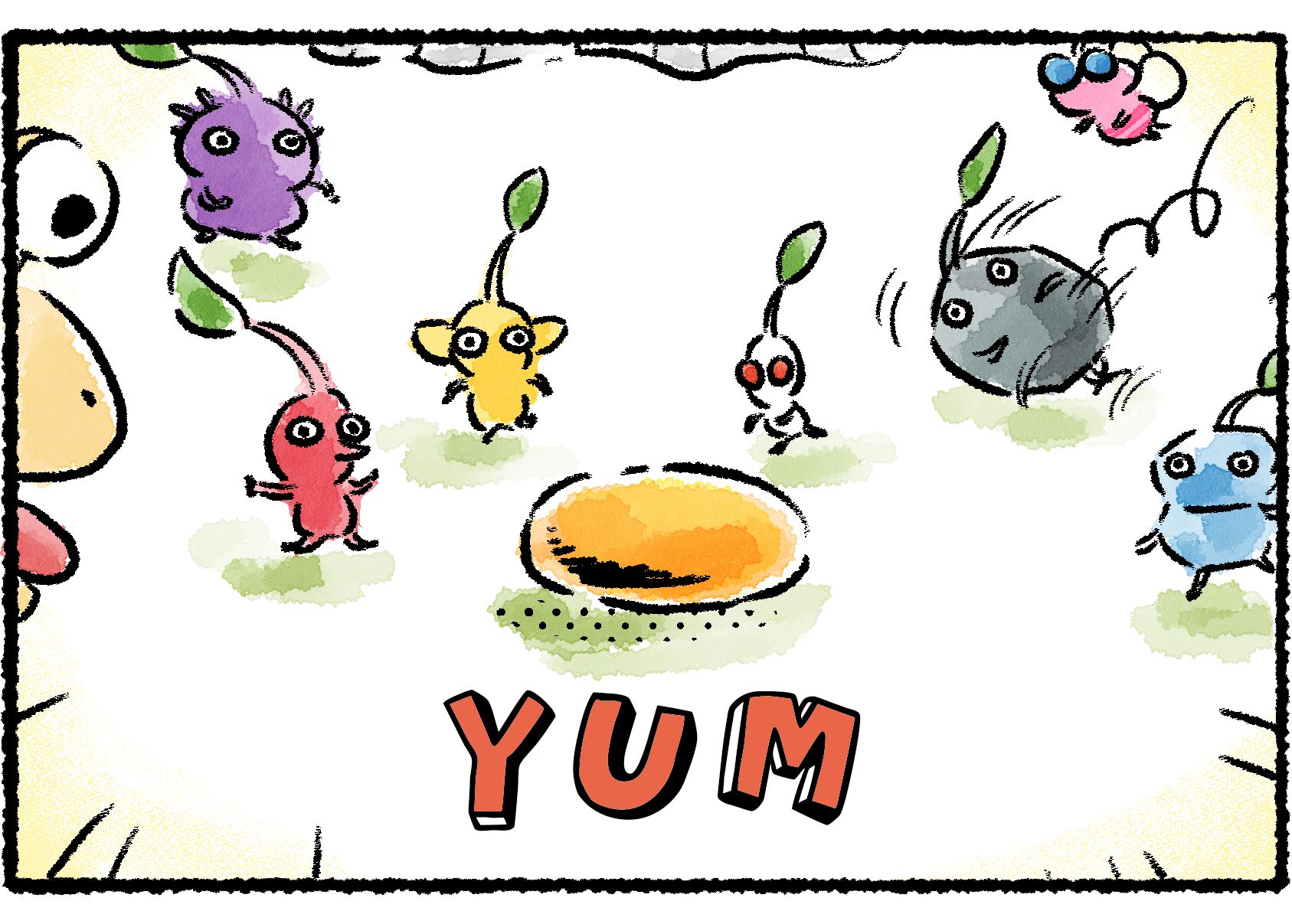 Panel three. Various Pikmin come running toward the nectar. A hungry Bulborb, seeing all the Pikmin, is thinking the same thing they are: YUM. The net dangles overhead.