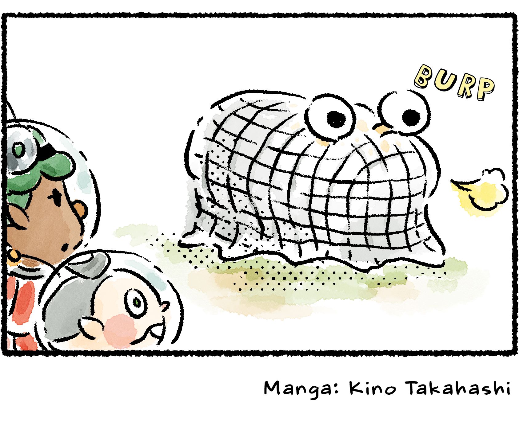Panel four. The net falls onto the Bulborb, which has by now eaten all of the Pikmin. Yonny and Collin watch with disappointment. The Bulborb burps.