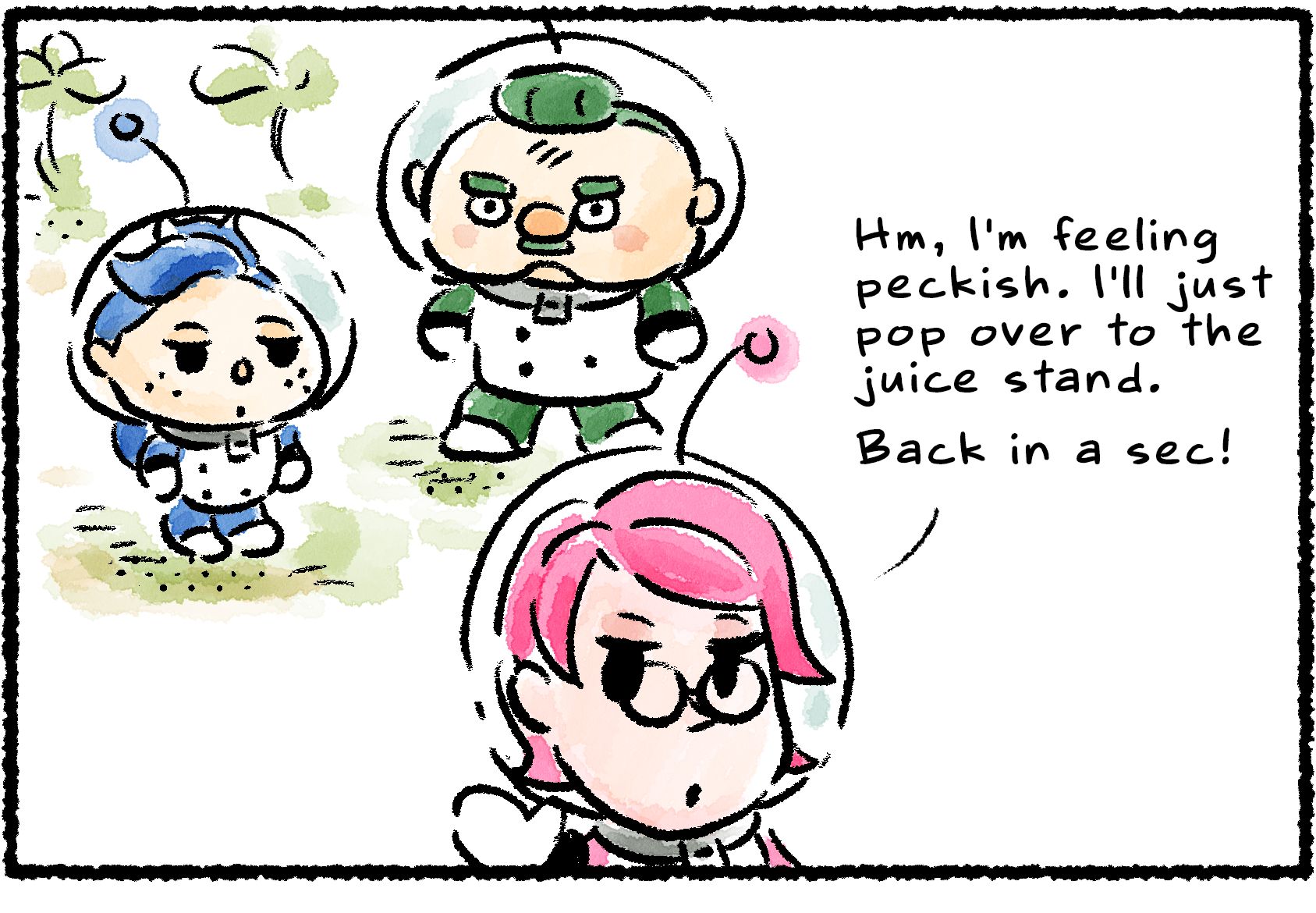 Panel one. "Hm," Nelle says to Don Bergman and Yorke, "I'm feeling peckish. I'll just pop over to the juice stand. Back in a sec!"