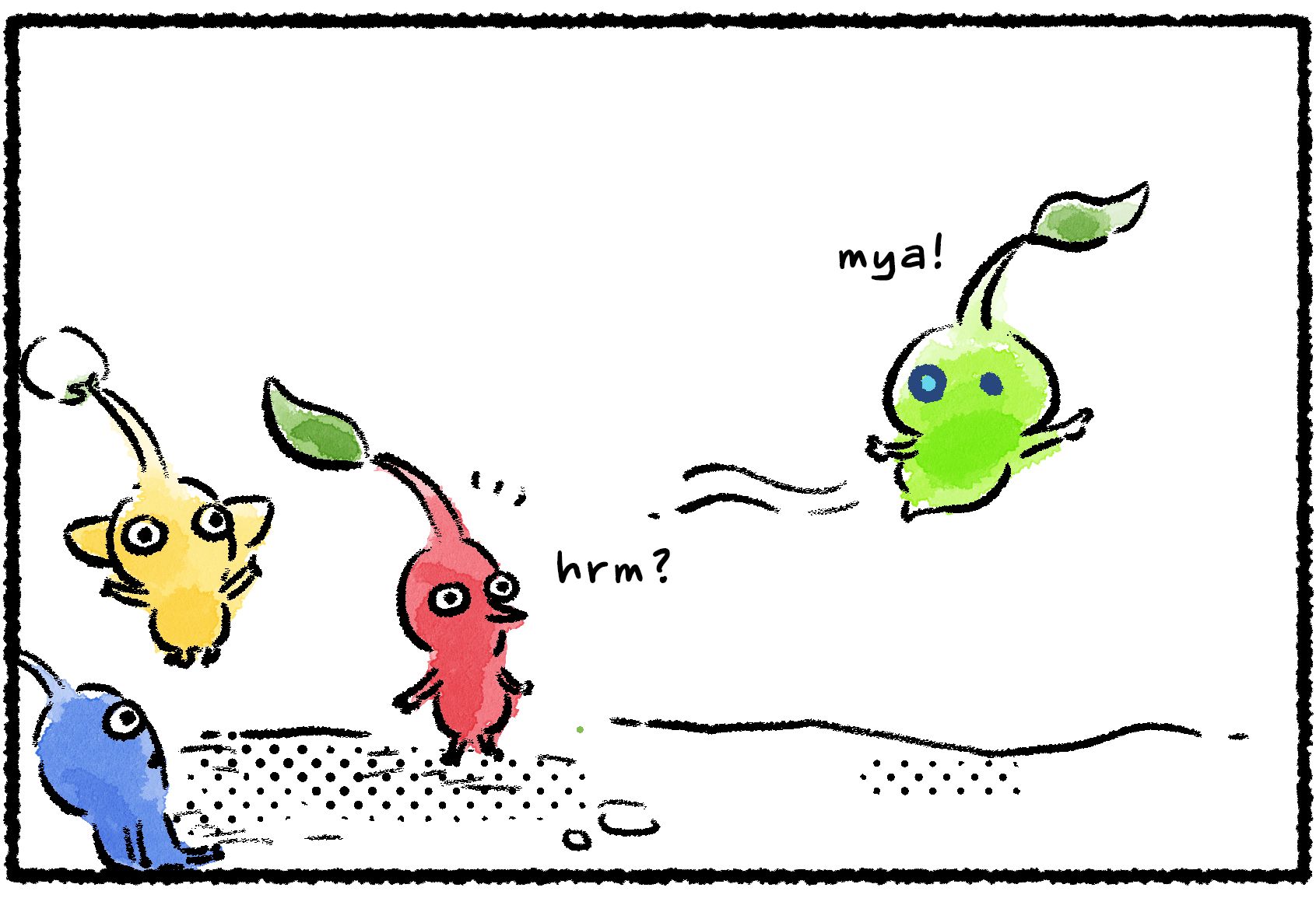 Panel one. A Glow Pikmin invites a Red, Blue, and Yellow Pikmin to follow it. The other Pikmin are intrigued.