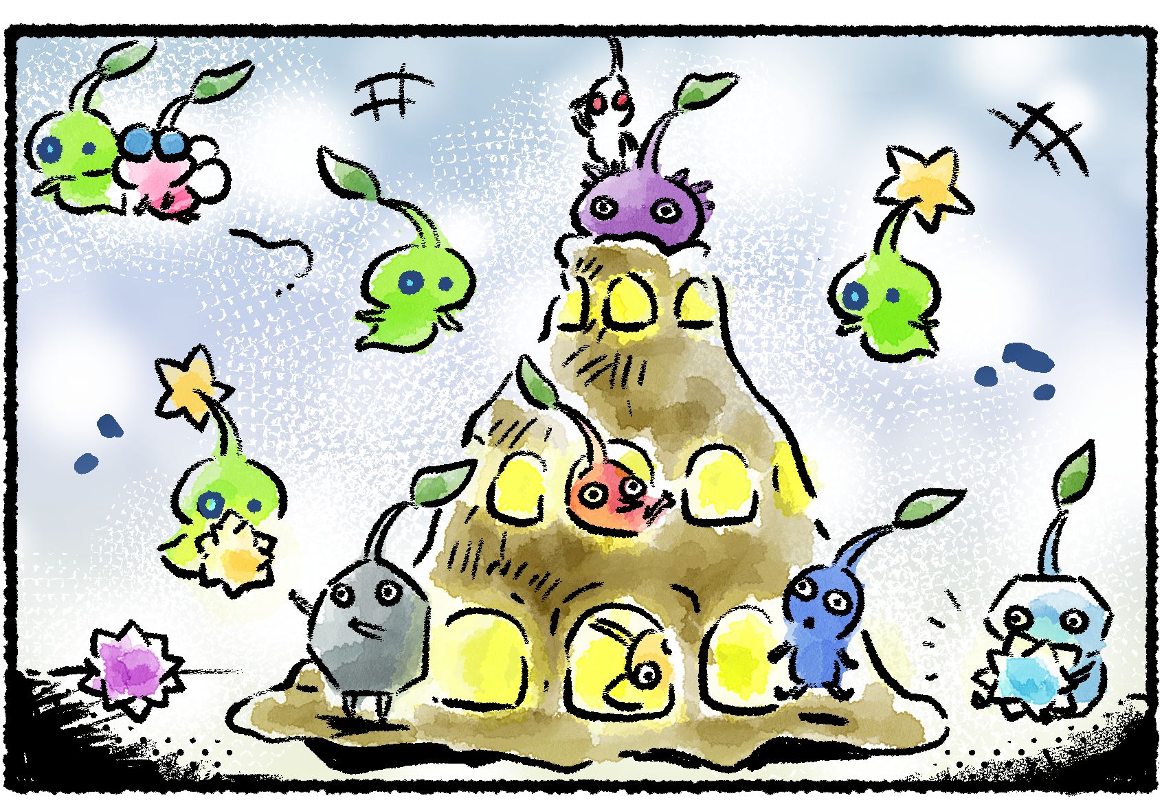 Panel two. The Pikmin are having a party at a Lumiknoll. Some are singing, others are holding glow pellets. The Glow Pikmin (and one Winged Pikmin) are flying around.