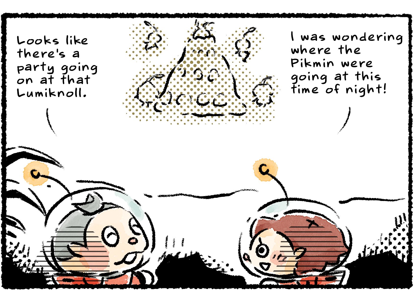 Panel three. Collin and a Rescue Officer watch the fun from a distance. "Looks like there's a party going on at that Lumiknoll," the Rescue Officer says. "I was wondering where the Pikmin were going at this time of night!" Collin replies.