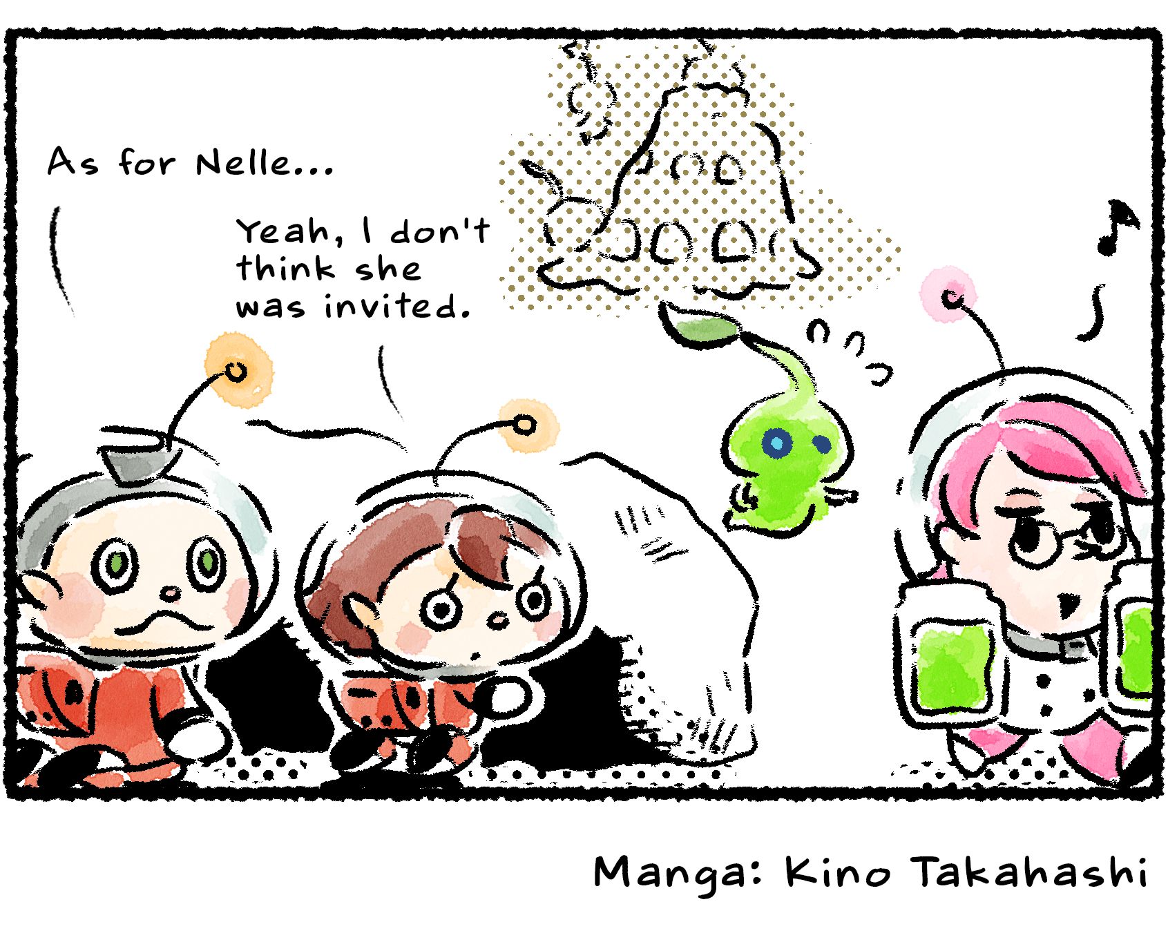 Panel four. Nelle walks by holding a jar of glow sap in each hand. A Glow Pikmin chases after her, looking distressed. "As for Nelle..." Collin says. "Yeah," the Rescue Officer says, "I don't think she was invited."