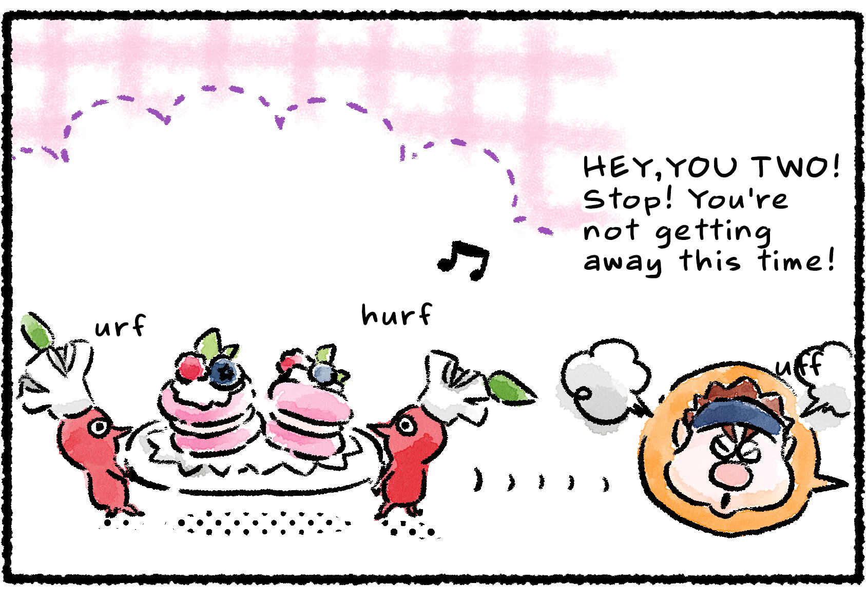 Panel one. Two Pikmin wearing chef hats are carrying a plate of macarons. Dingo furiously shouts at them: "HEY, YOU TWO! Stop! You're not getting away this time!"