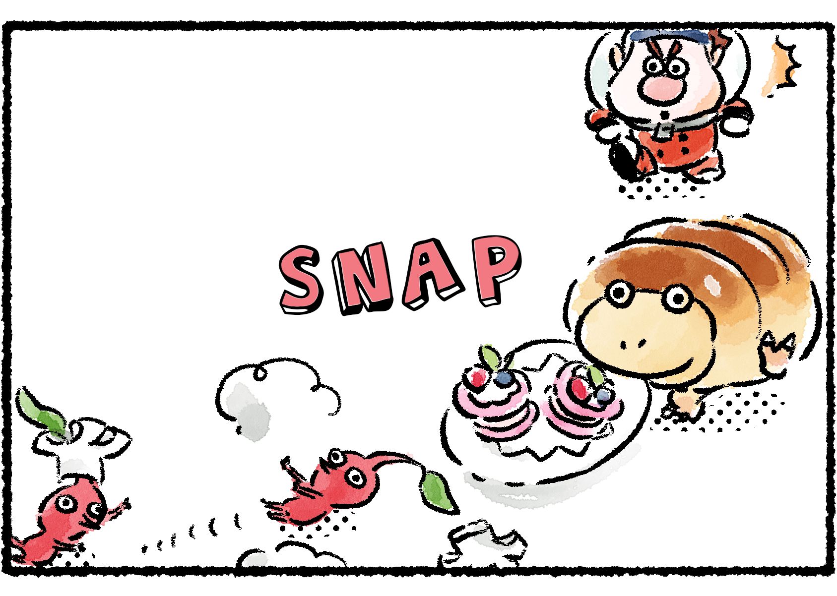 Panel two. A Breadbug grabs onto the plate. The Pikmin fall over, unable to hang on, and the Breadbug begins carrying it away. Dingo watches in amazement.