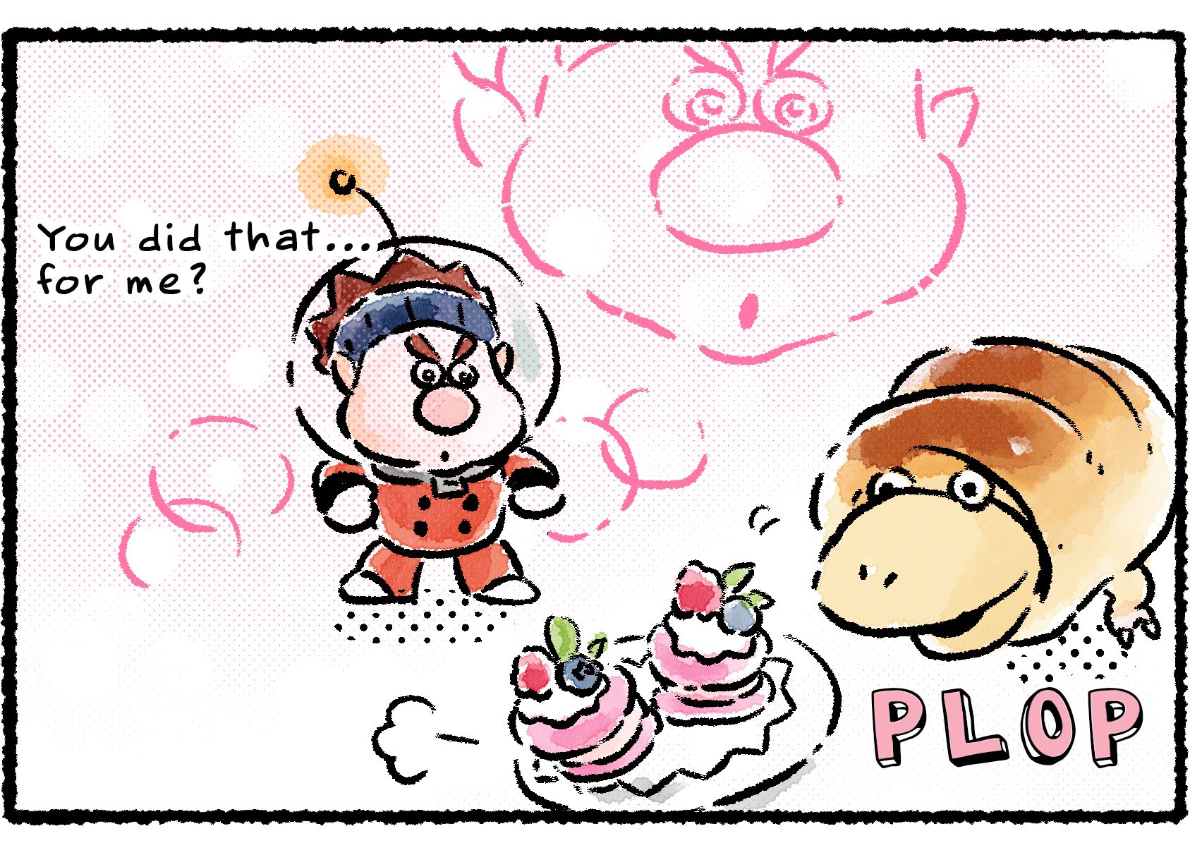 Panel three. The Breadbug sets the plate of cookies down in front of Dingo. "You did that...for me?" Dingo says.