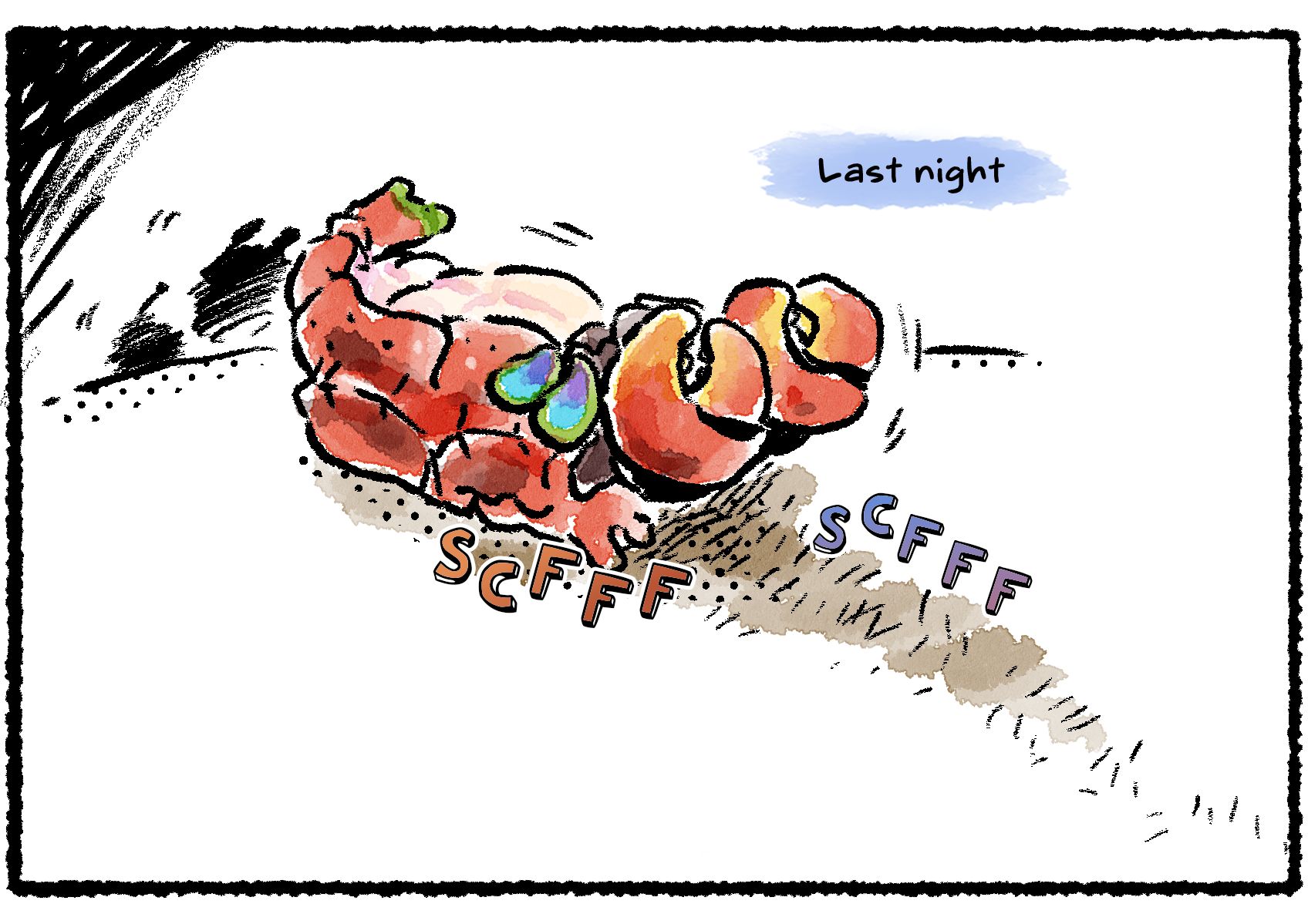 Panel three. Under descriptive text that reads "Last night", the missing creature is shown being dragged away.