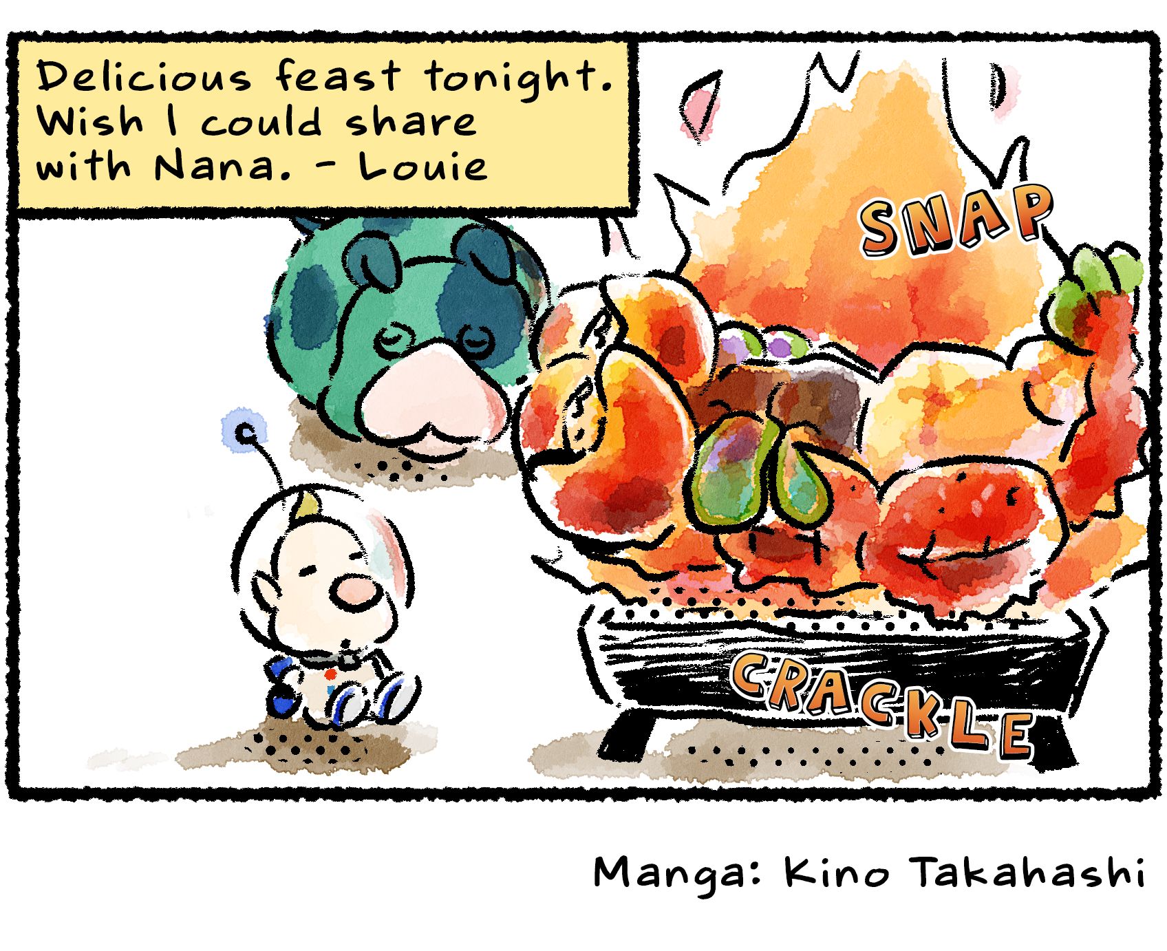 Panel four. Louie and Moss sit around a fire, where the creature is currently roasting. Louie's journal entry reads: "Delicious feast tonight. Wish I could share with Nana.  - Louie"