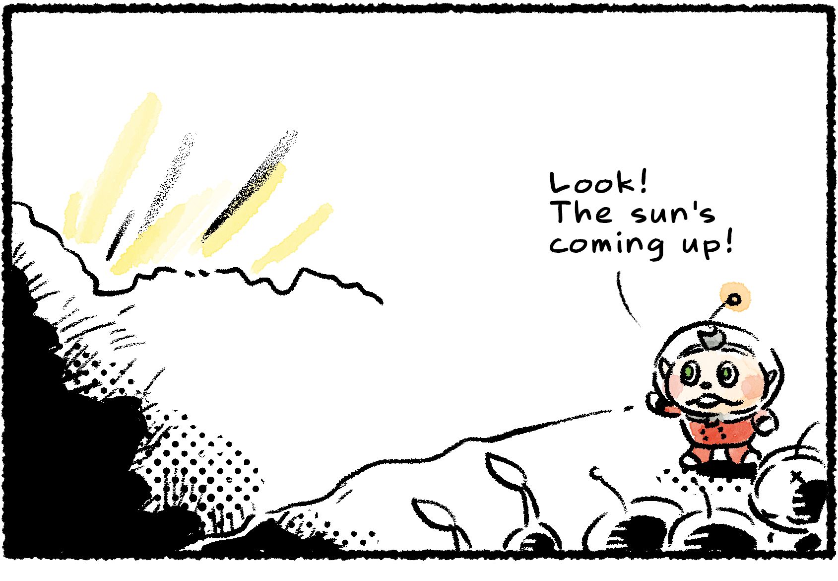 Panel one. Collin gestures to a light on the horizon for the benefit of those around him. "Look!" he says. "The sun's coming up!"