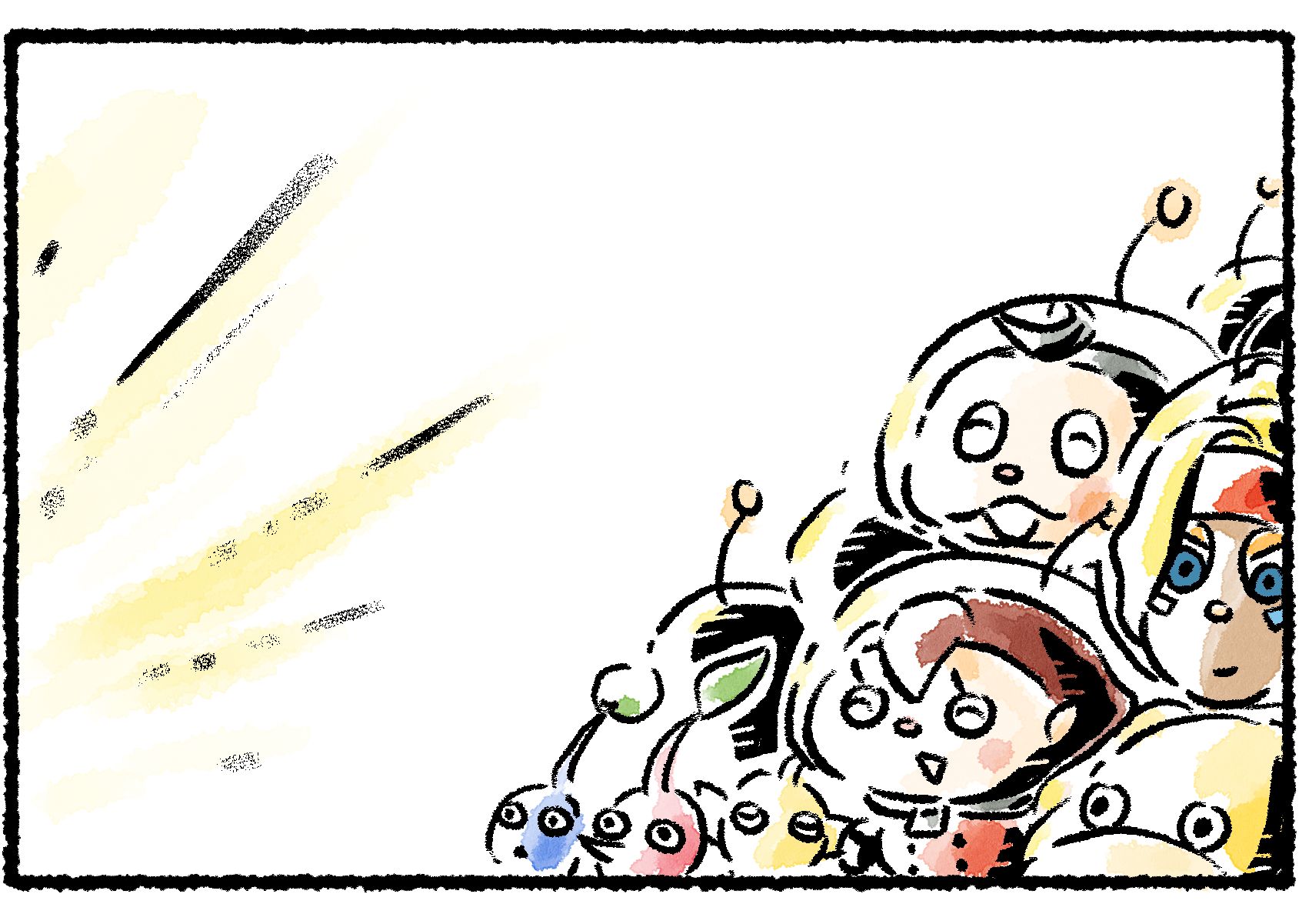 Panel two. Collin, a Rescue Officer, and a group of Pikmin all turn happily toward the horizon to watch what they think is a sunrise.