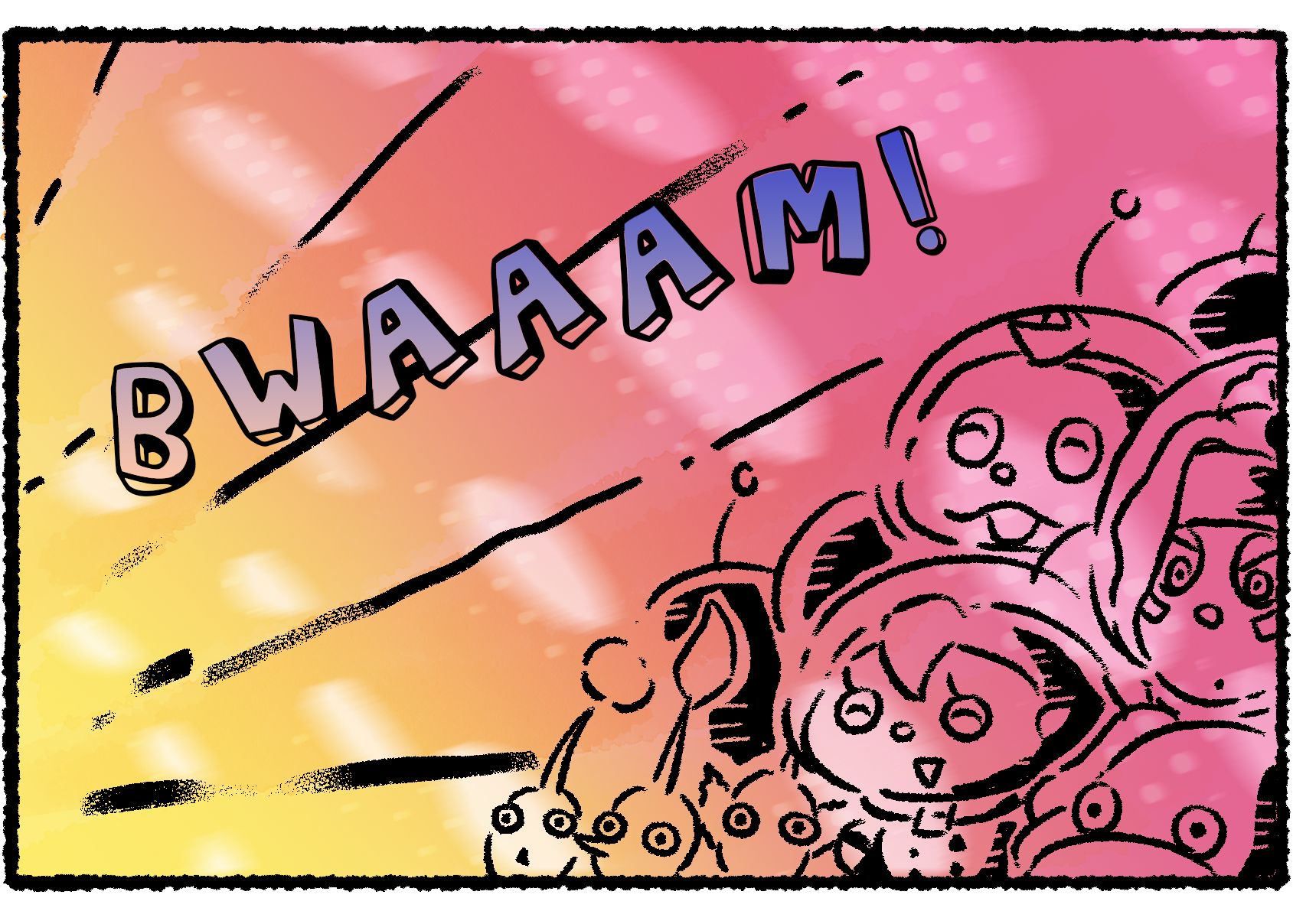 Panel three. The formerly sun-like glow suddenly becomes a series of differently-colored spotlights shining on the group's faces. Something off panel makes a loud noise: "BWAAAM!"