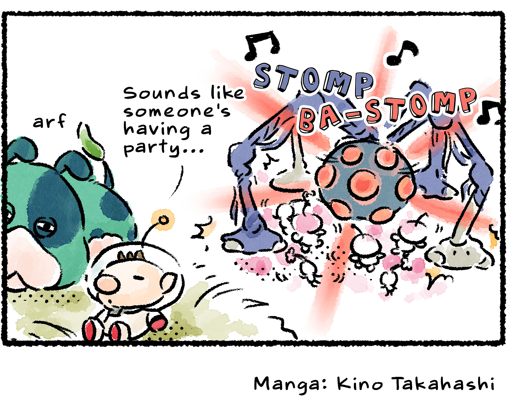 Panel four. Olimar and Moss are relaxing on a hill, while in the background a Groovy Long Legs stomps around among the group of would-be sunrise admirers. "Sounds like someone's having a party," Olimar says.