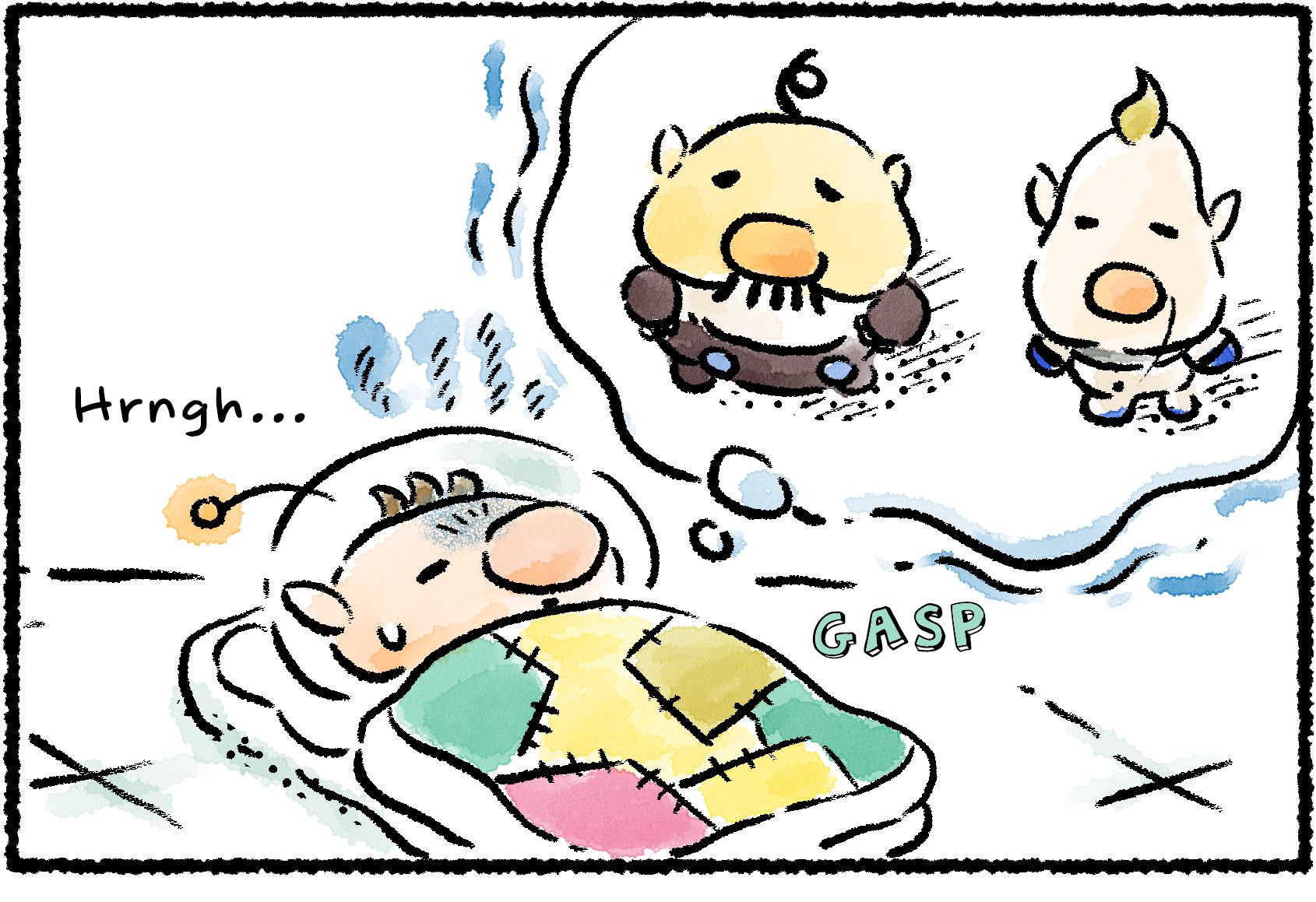 Panel one. Olimar groans in his sleep while having a nightmare about a conversation with Louie and the President.