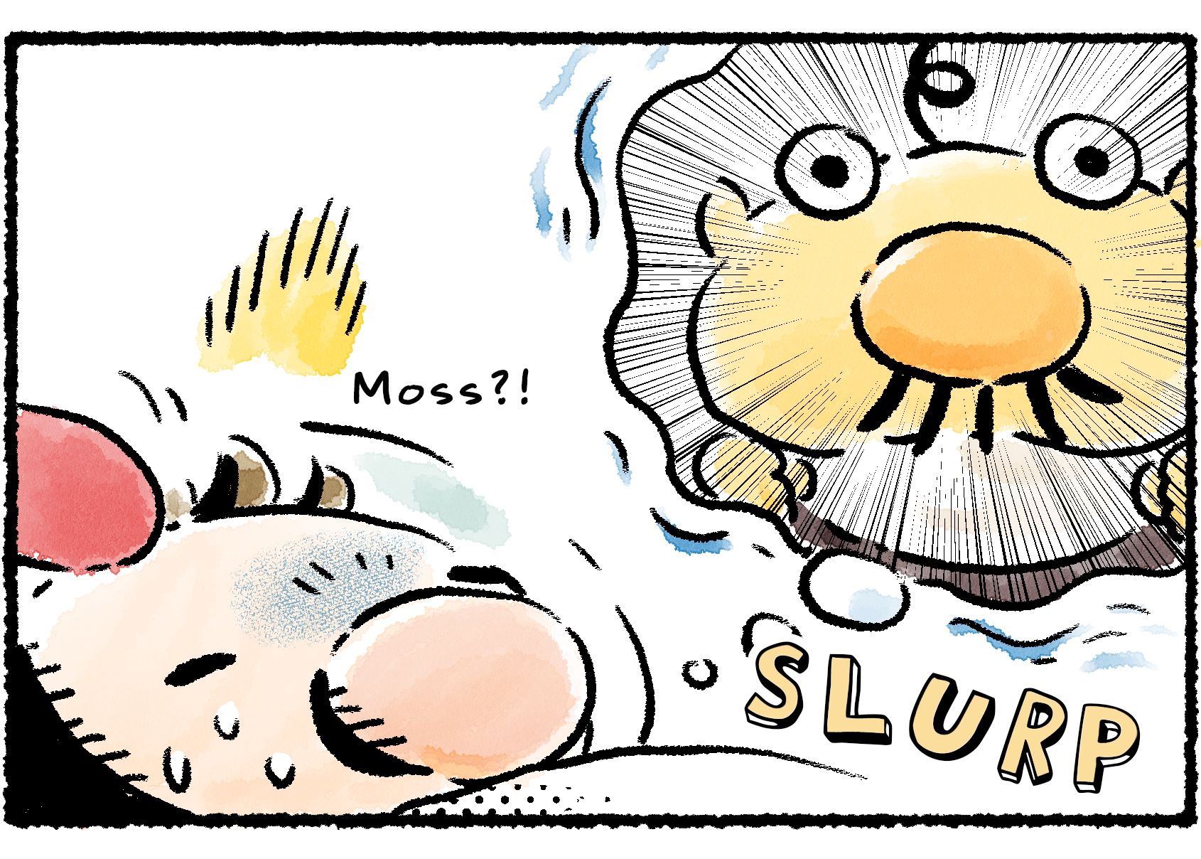 Panel two. Olimar's dream grows more intense, with the President getting in his face. A tongue moves in from off panel and licks Olimar's sleeping face. Olimar, starting to wake up, says "Moss!"