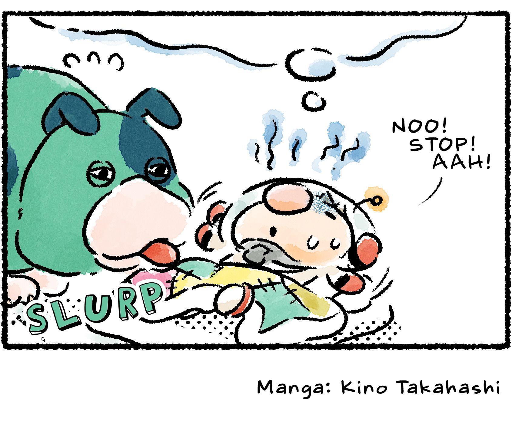 Panel four. Olimar, still asleep, tosses and turns, shouting "NOO! STOP! AAH!" The Bulborb was just another part of the nightmare. Moss really is the one licking him.