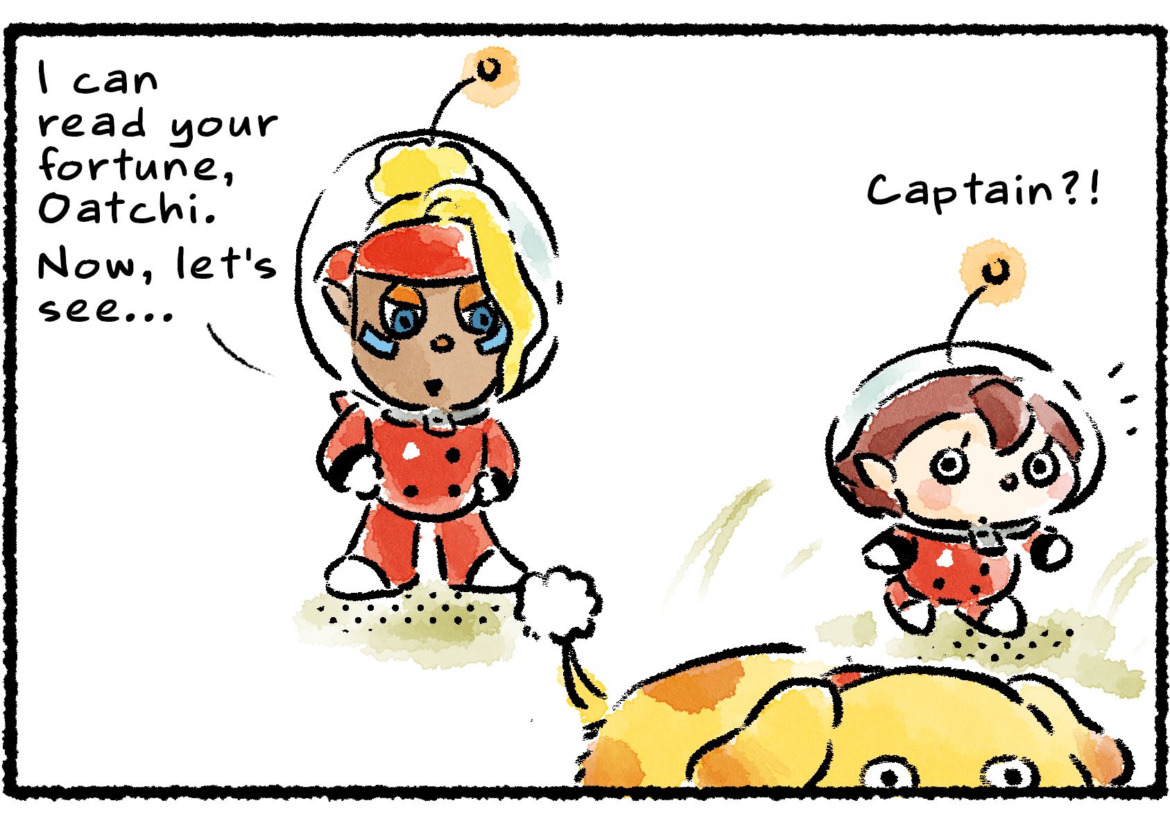 Panel two. Shepherd joins the conversation. "I can read your fortune, Oatchi," she says. "Let's see..."