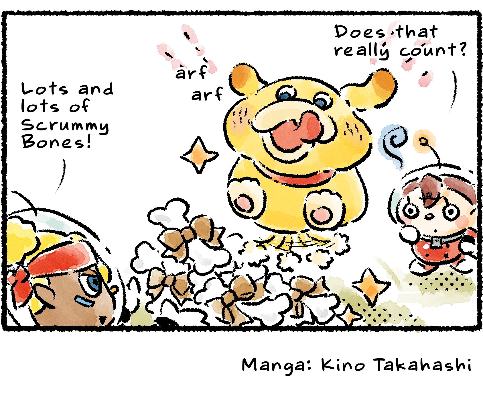 Panel four. "Lots and lots of Scrummy Bones!" Shepherd announces, throwing out a whole pile of Scrummy Bones. Oatchi jumps up and down excitedly, licking his chops. A nearby Rescue Officer wonders, "Does that really count?"