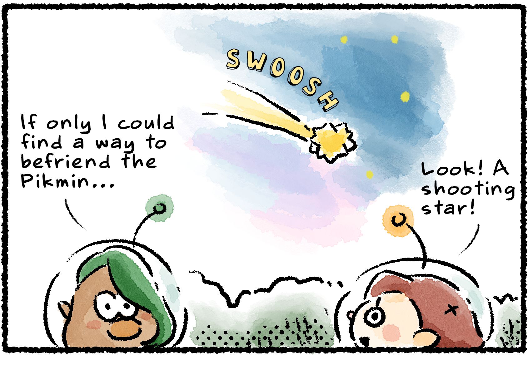 Panel one. "If only I could find a way to befriend the Pikmin," François says. A shooting star swooshes across the night sky above, and a Rescue Officer points to it: "Look! A shooting star!"