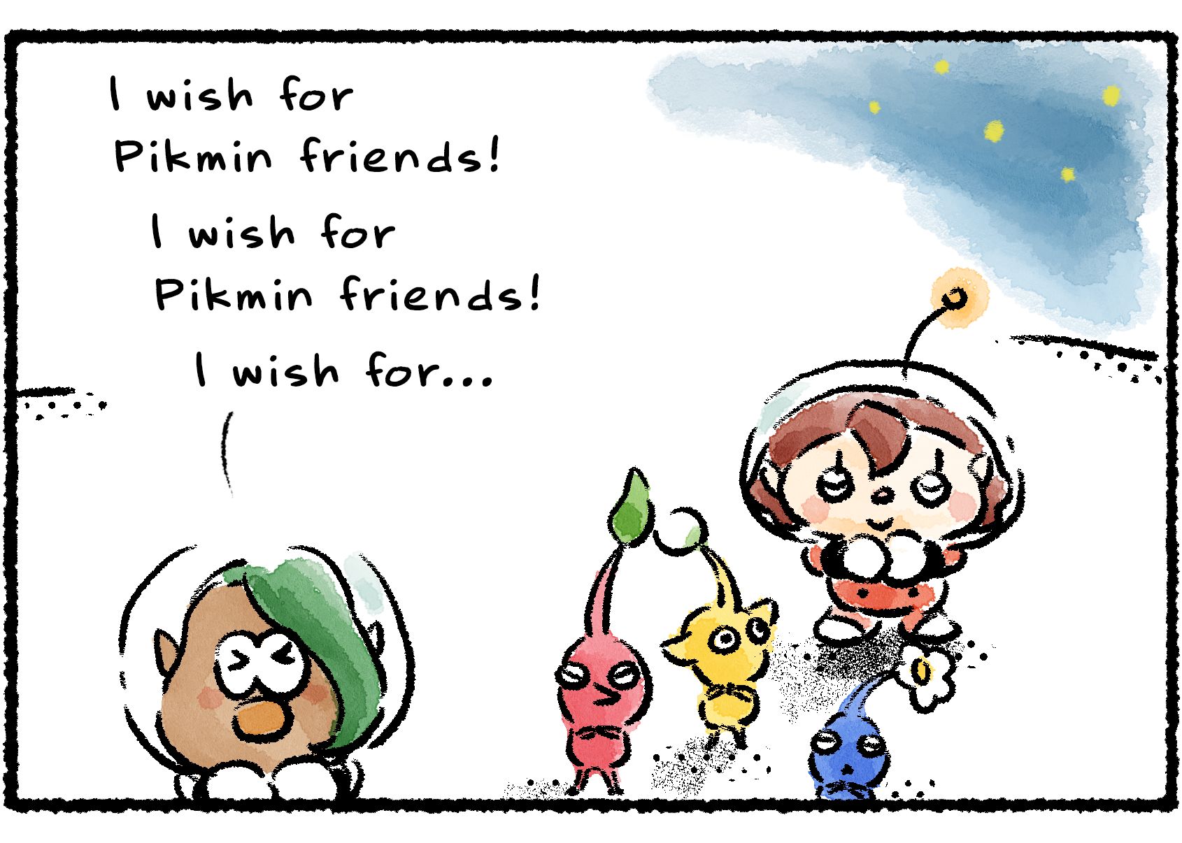 Panel two. François, the Rescue Officer, and several Pikmin are wishing on the shooting star. François says, "I wish for Pikmin friends! I wish for Pikmin friends! I wish for..."