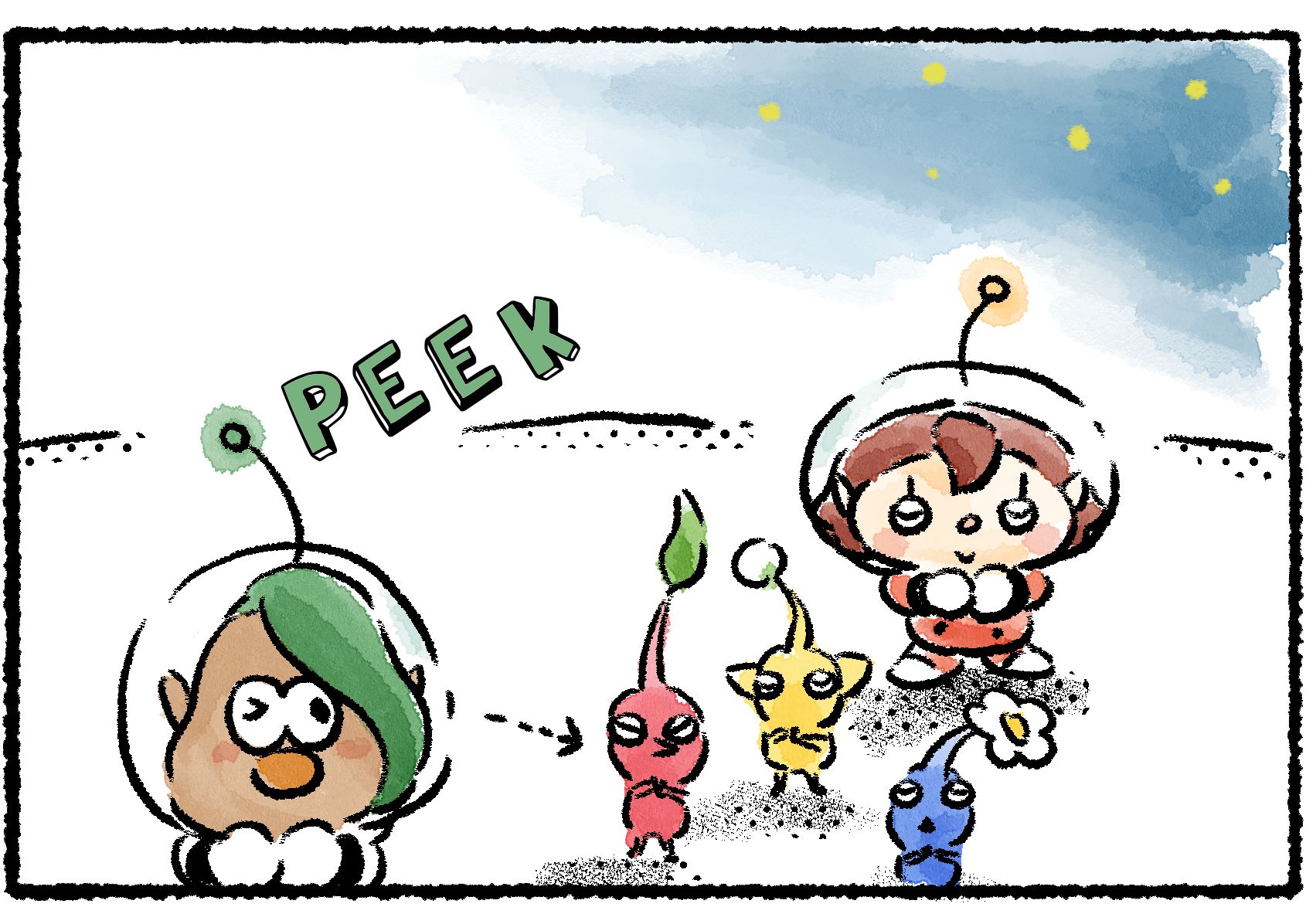 Panel three. François peeks with one eye and sees that there are several Pikmin close by. It seems as if his wish may have been granted.