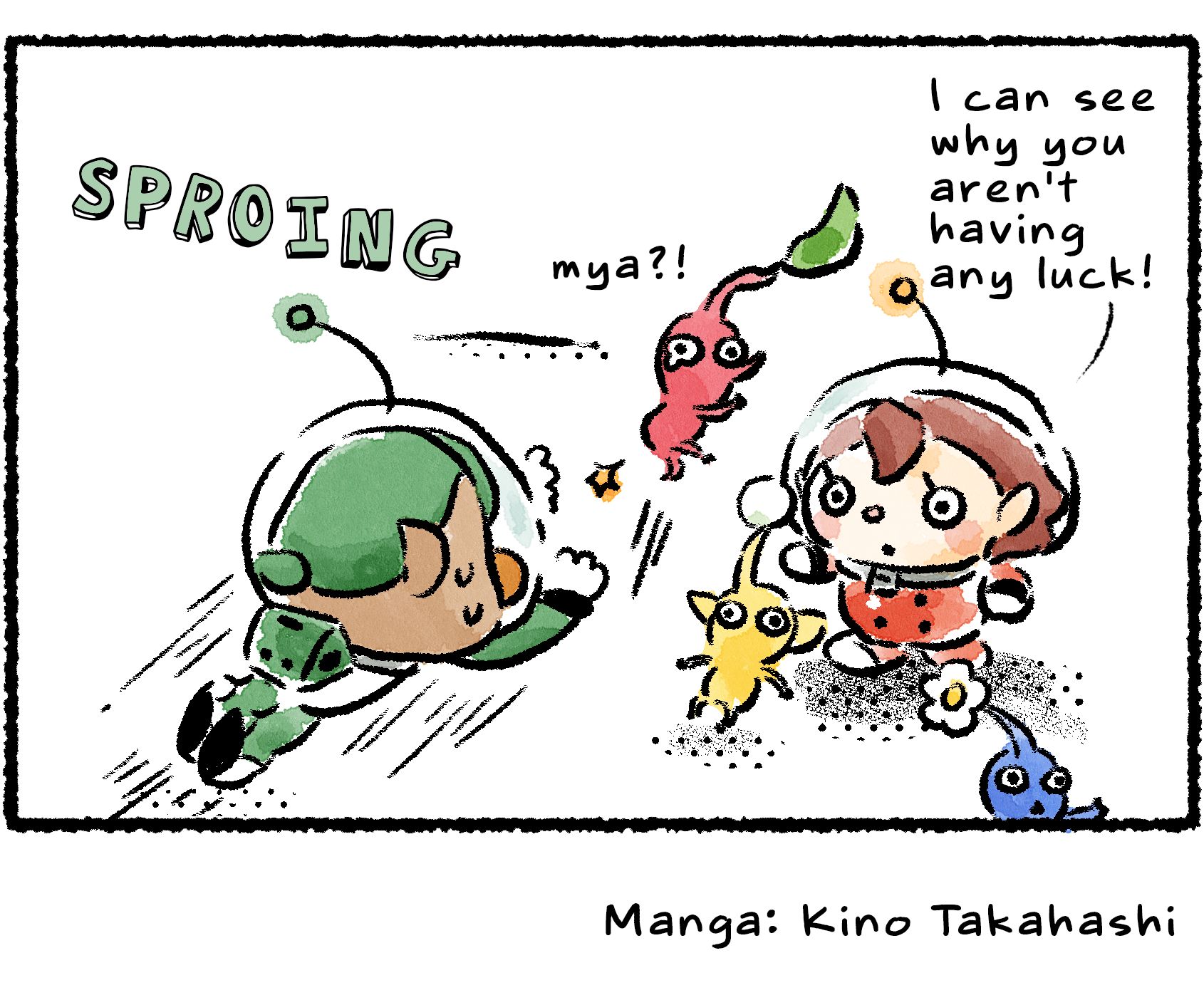Panel four. François leaps toward the closest Pikmin and tries to grab it, and the Pikmin jumps back with a cry of alarm. "I can see why you aren't having any luck!" the Rescue Officer says.